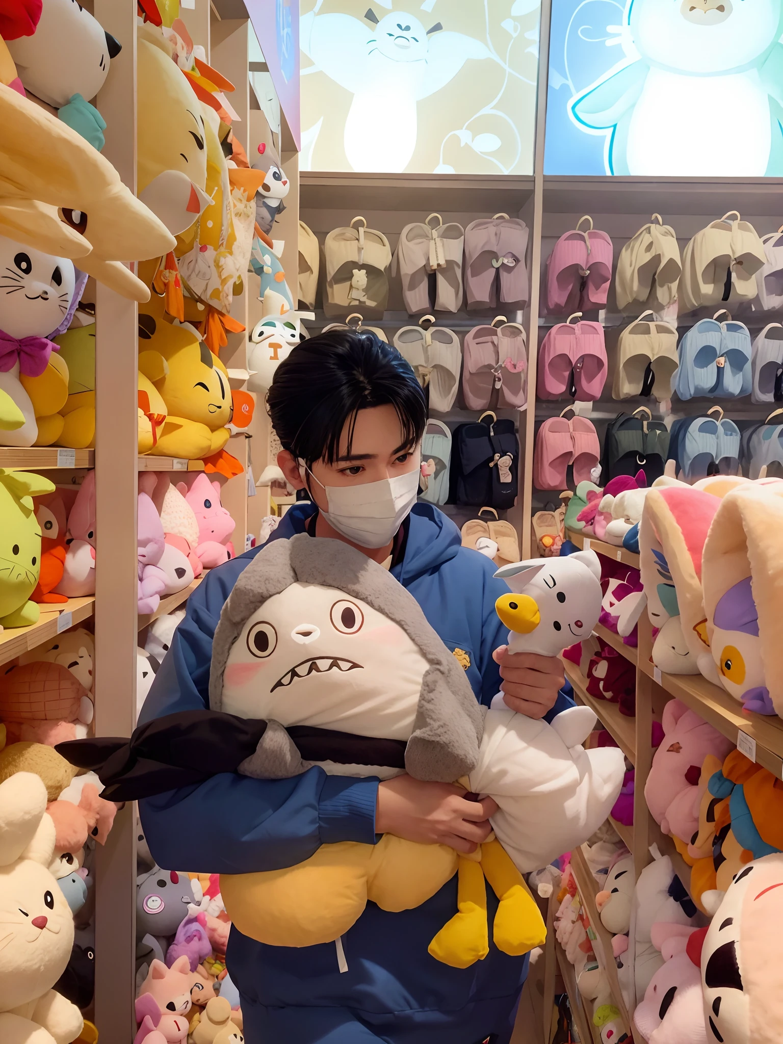 araffe in a store with a mask on holding a stuffed animal, coronavirus as a stuffed toy, squishmallow, plush toy, plush, plushie, ap, toyko, kawaai, “totoro, gloomy, trending ,, afp, diy, けもの, plushie photography, stuffed toy, taiwan, interesting angle