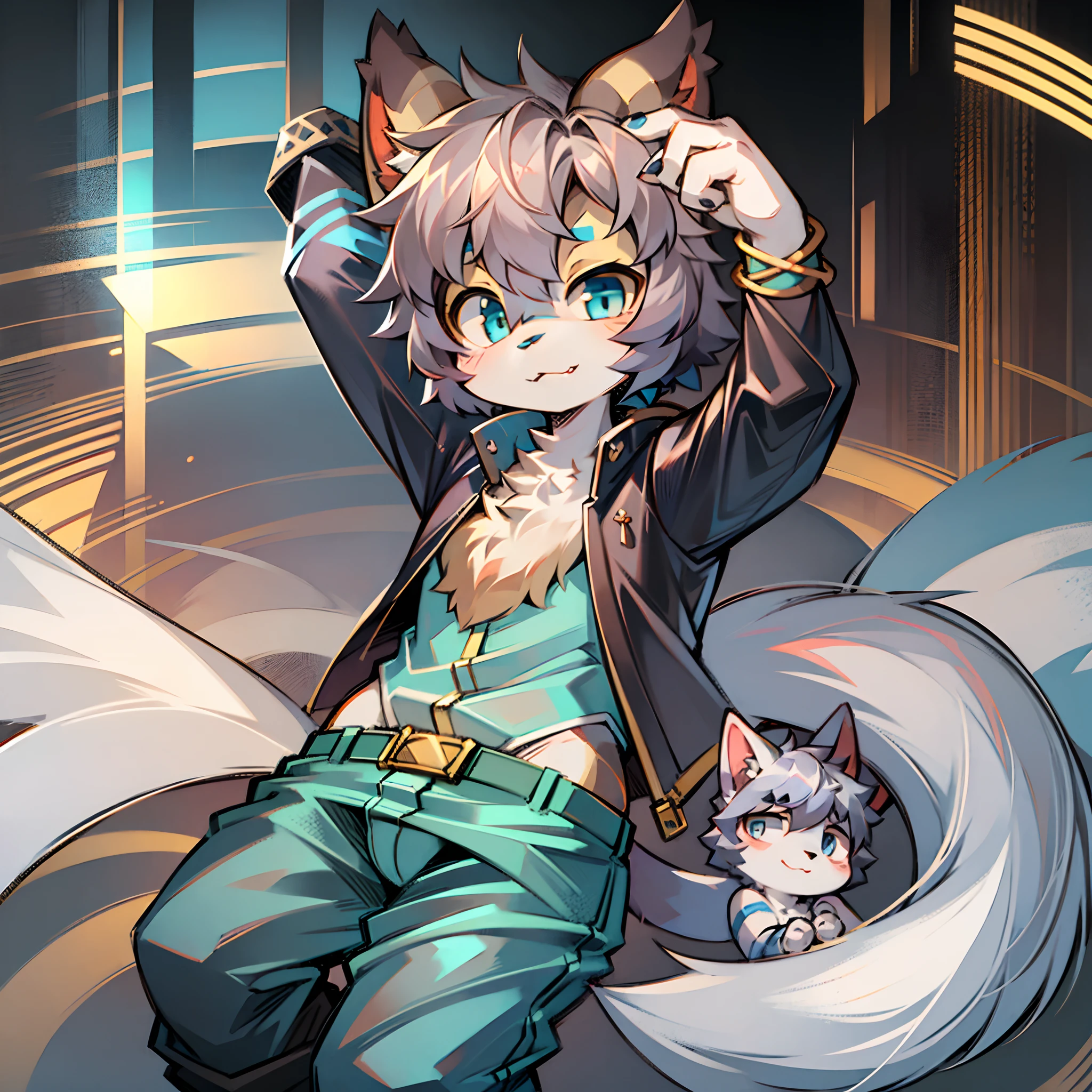 Bright eyes, character bust photo, Q version, avatar frame, character focus, solo, furry, furry male cat, male yellow-white fur, blue eyes, gray hair (long) loli style, little cute, will sell cute, wearing blue clothes and pants, has a tail
