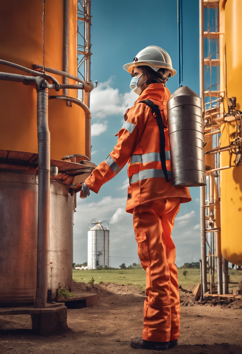 a boneca barbie vestida com EPI (capacete, corda, WMASK, eyeglass, Work safety clothing to enter the soy silo in Brazil), The environment has silos and grain dryer, hq anime, 4k, Realistic