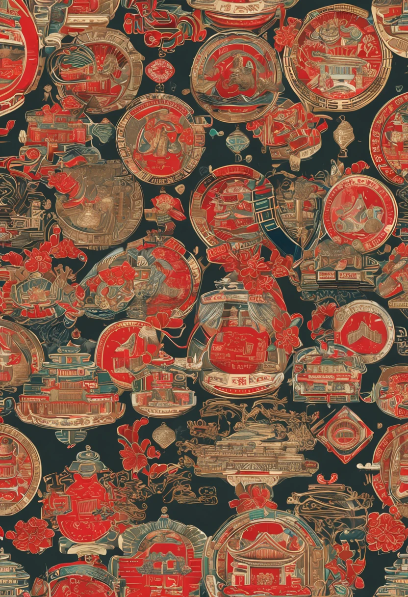 A combination of copper coin motifs and Yaoyi characters，flags