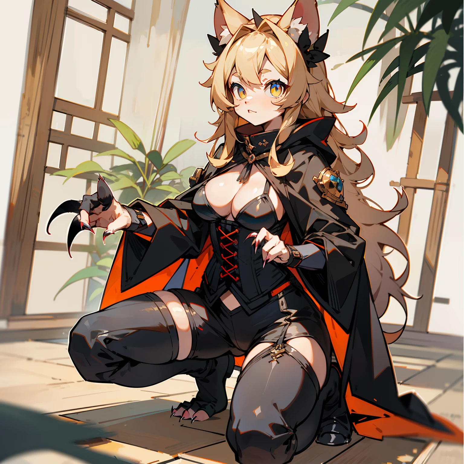 master piece,hyper quality, hyper-detail,Perfect drawing,Hi-Res、独奏、a beautifulchi girl、bbw、Pig nose pattern bikini、Boar ears、Boar nose、Boar's tail、Boar palm、Boar paws、Boar's fingers、sharp claws、Boar Fang、Hunter's eyes aiming for prey、Black and blonde mesh、Sharp eyes、Height 177cm、MeasurementsB95W60H90、Kneeling、pow pause、medival、beatiful backgrounds、Accurate drawing、Detailed drawing、black cloak, leather outfit, leather pants, leather shirt, corset