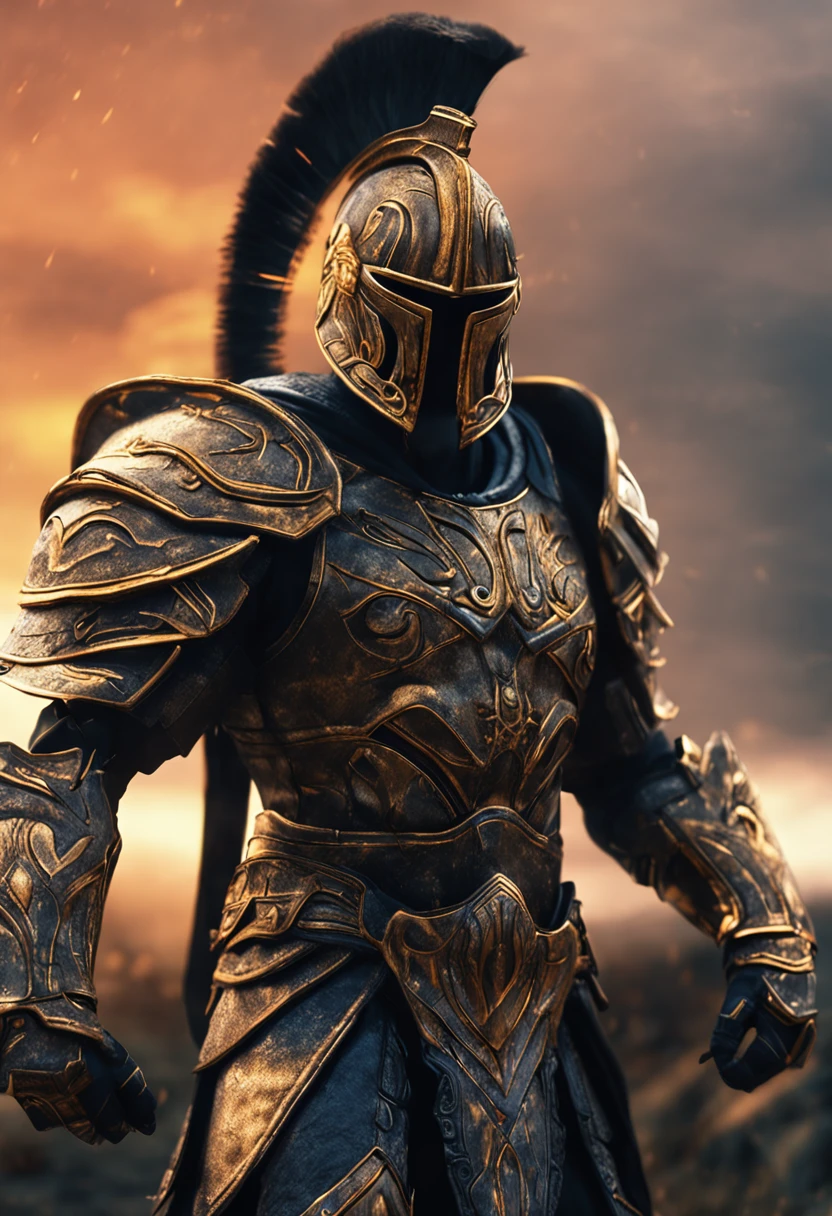 spartan warrior, fighting , stunning armor, black gold armor, epic, 8k