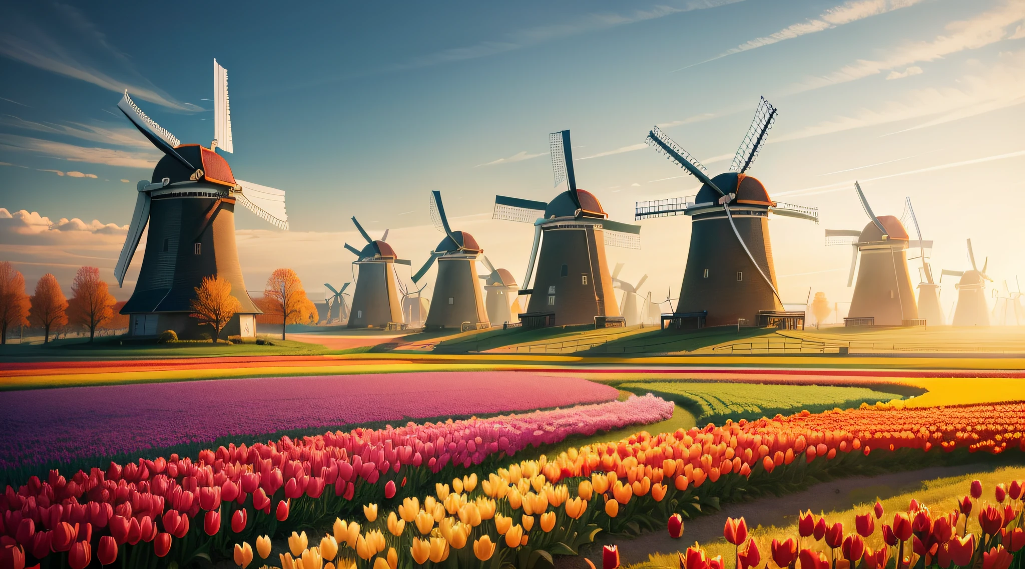 Dutch windmills,In the morning light,They stand gracefully in the field。A sea of colorful tulip flowers is scattered around,It adds life and vitality to the whole scene。Sunlight pours down from among the treetops,Cast a warm light and shadow effect。The blades of Dutch windmills turn in the wind,Create captivating sights。