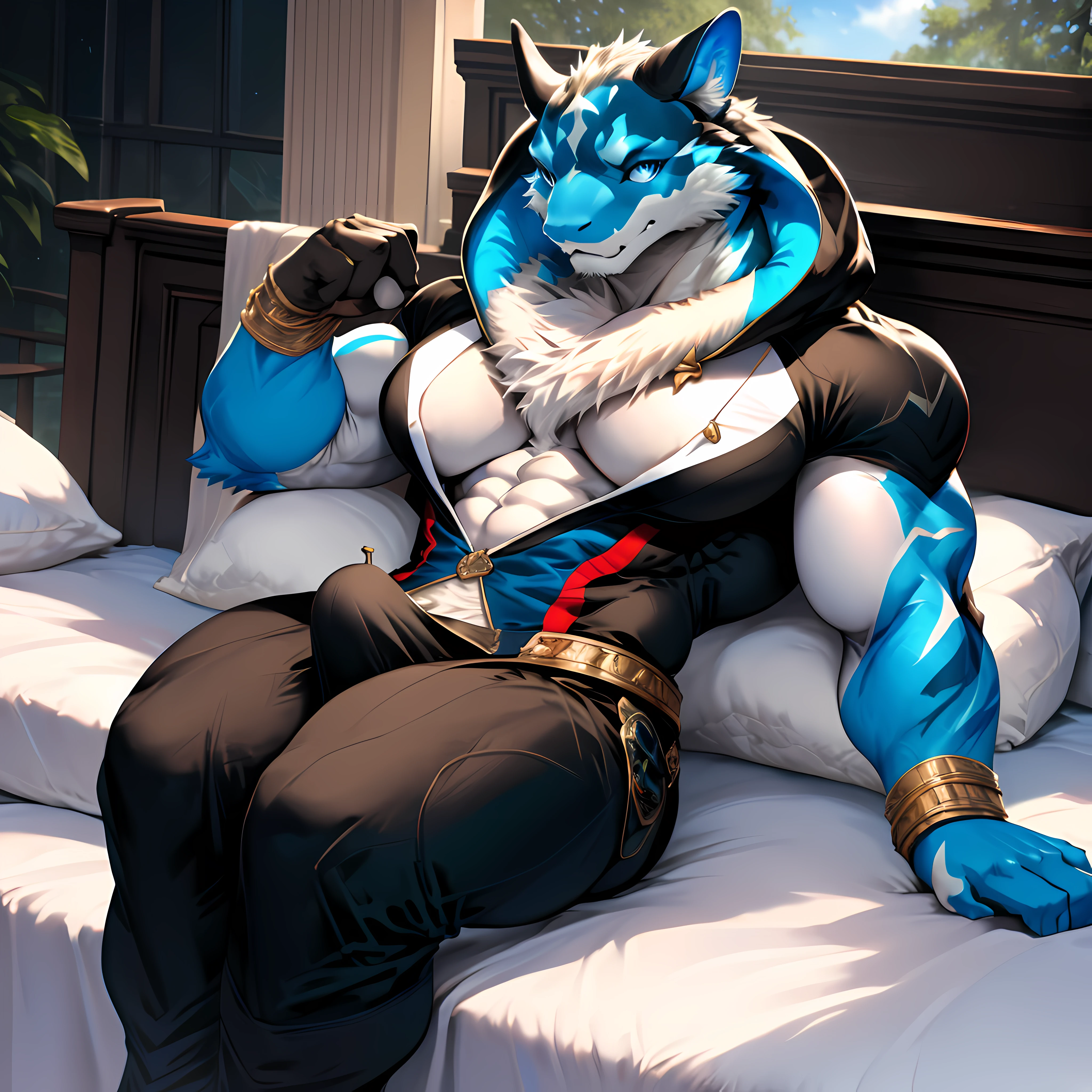 2d, masterpiece, best quality, 4k, 8k, ultra highres, raw photo in hdr, sharp focus, photo realism ,real life like, in a noble palace, detailed background, tight suit, futa, Snake laying on a fancy bed, large detailed bulge, perfect eyes, huge breast, huge muscle,very buff, five fingers,ultra detailed face, (by null-ghost, by thebigslick, by darkgem, by honovy)
