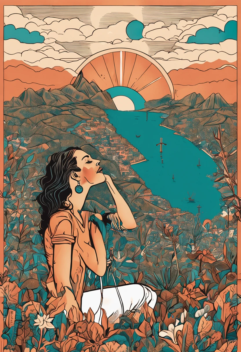 uma pessoa feminina de 40 anos, de joelhos, with hands in prayer, uma grande cruz em um monte, and in the background a sky with a beautiful small moon and shining stars