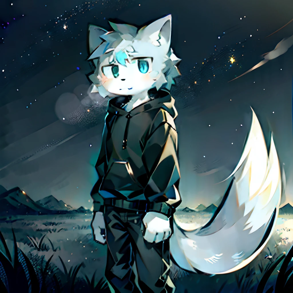 Gray cat  boy，There is a big furry tail behind him，Outdoors at night，looking at the stars，Black sweatshirt，blue colored eyes，Gray-black pants，Snowy plains，A serious look