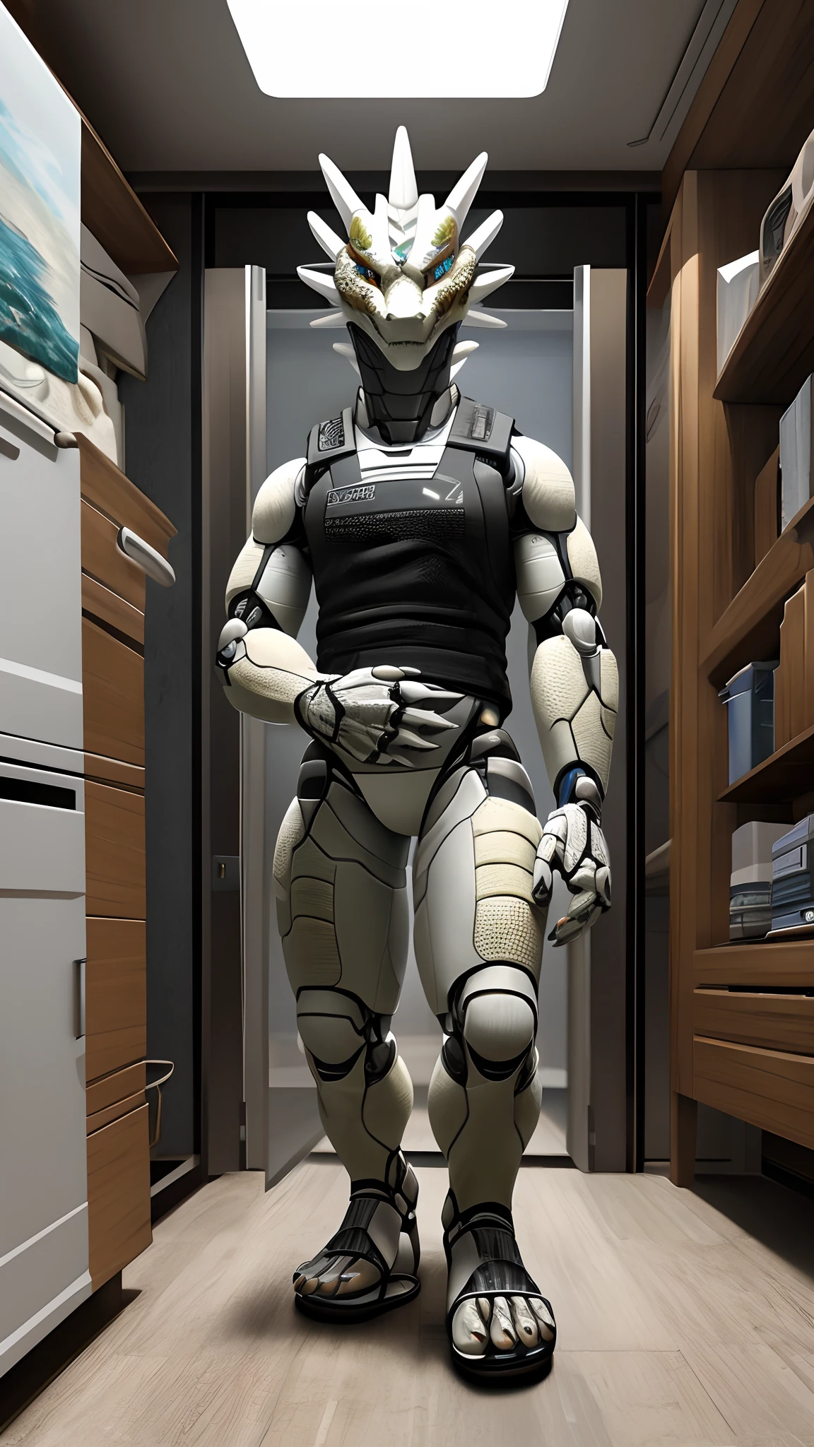 Bionic robot dragon,female,Gilet blanc,white panties,sandals,Install the controlled chip in the apartment,HD graphics,Detailed and realistic,high detal,high qulity,photo-realistic,photorealistic eye,Detailed paws,Clear eyes,Masterpiece artwork
