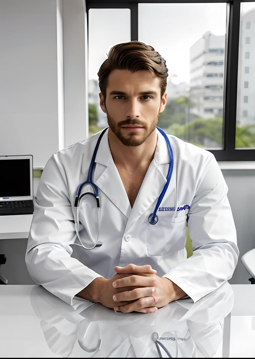 Homem de terno branco e gravata sentado em uma mesa, foto de um homem, sitting at desk, wearing a medical suit, foto corporativa, homem bonito, retrato profissional hd, wearing white doctors suit, sentado em uma mesa, uma foto de um homem, bonito e atraente, foto de perfil profissional, homem atraente, sitting behind desk,Medical, medico vestindo um jaleco branco, medico