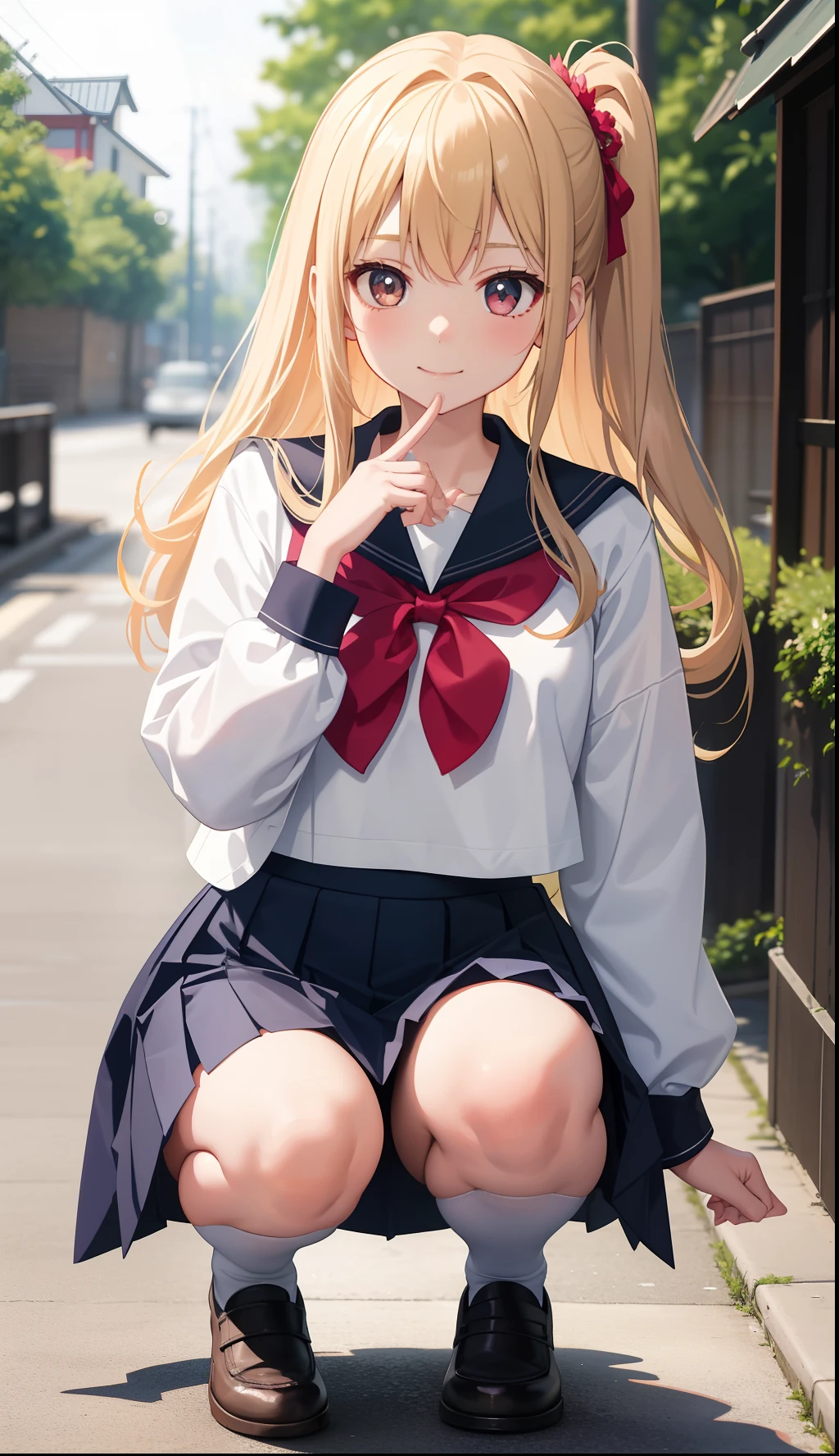 1girl in、AS-Adult、A smile、The shirt、skirt by the、(small tits)Chilarism、Japan High School Student Uniform、serafuku、summer clothing、(Sheer Bra)、Upper body portrait、the wind、blonde hair、Squatting panchira、
