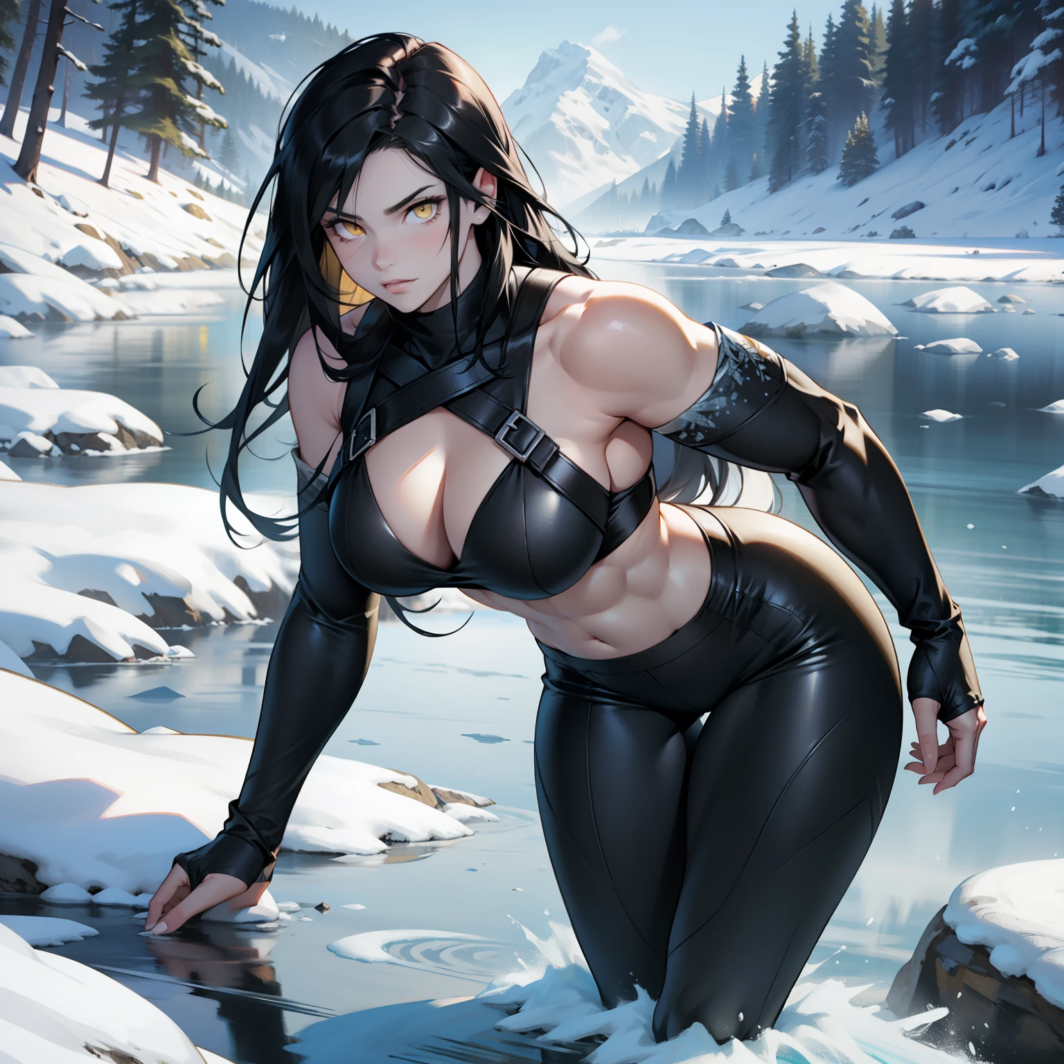1 girl, black hair, yellow eyes, very long hair, pale skin, curvy, (extremely muscular), perky breasts, frozen lake