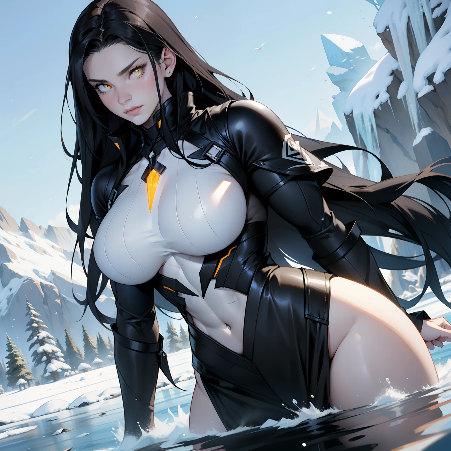 1 girl, black hair, yellow eyes, very long hair, pale skin, curvy, (extremely muscular), perky breasts, frozen lake