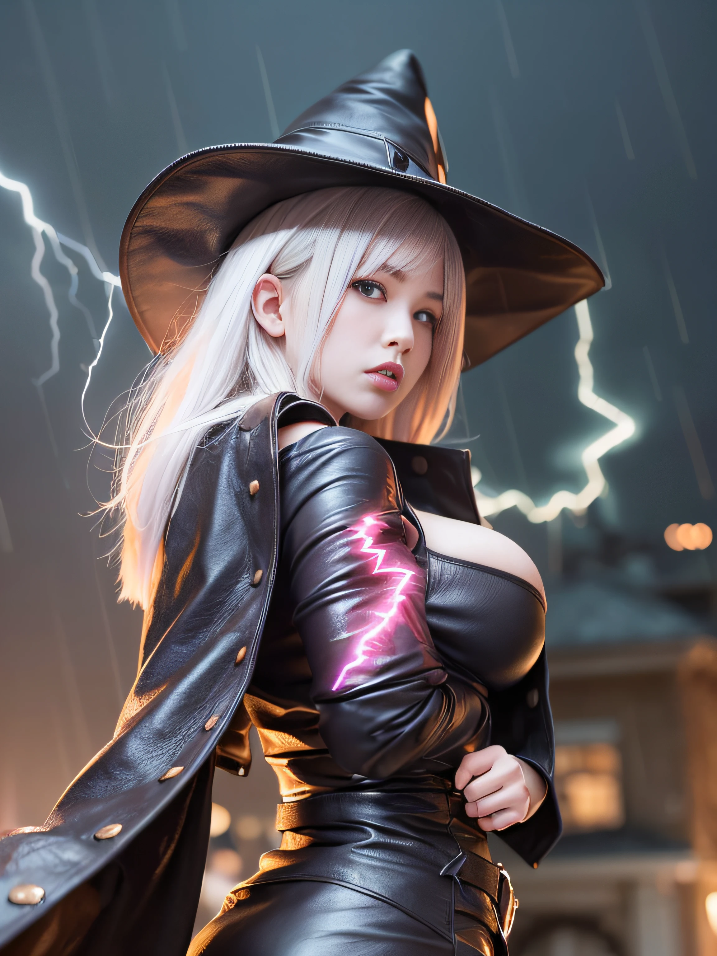 top-quality、masterpiece、超A high resolution、(Photorealsitic:1.4)、Raw photo、Detailed CG image quality、cyberpunked、Beautiful fece、1girl in、(leather wizard hat:1.4)、(Leather Wizard Robe:1.4)、cleavage of the breast、(Thin Mirror Silver Latex Suit)、(Purple eyes), (radiant eyes), (Violent arc emanating from the fingers:1.4). detailed portrait、8K picture quality、bright colour、concept-art、Cinematic and dramatic atmosphere、foco nítido、Volumetric lighting、Cinematographic lighting、Wearing studio quality、(Colorful neon lighting from behind)、depth of fields、Ambient lighting、Blurred foreground、blurry backround:1.3、(rainy evening:1.4), (Severe lightning strike:1.4),