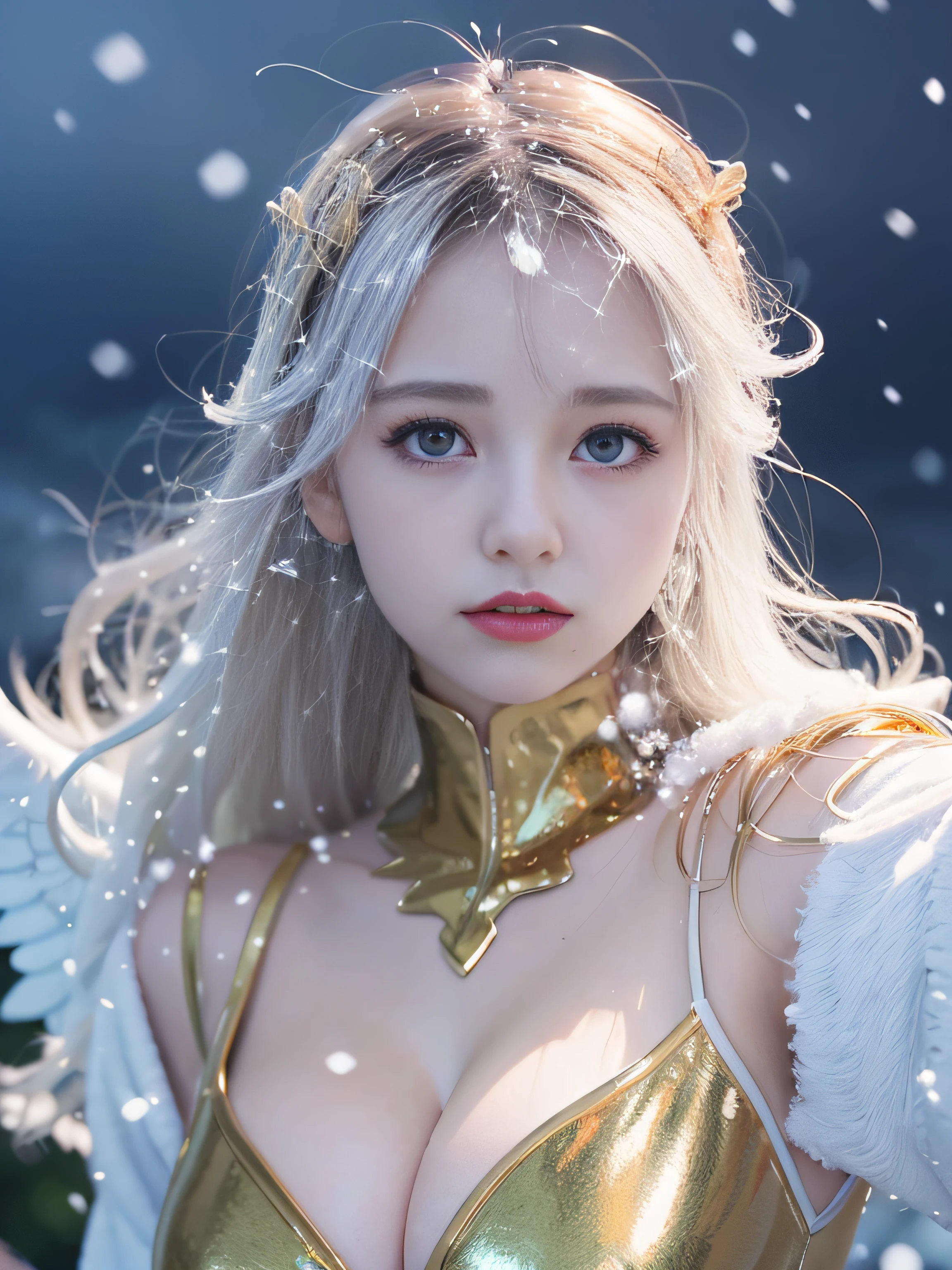 top-quality、​masterpiece、超A high resolution、(Photorealsitic:1.4)、Raw photo、Detailed CG image quality、cyberpunked、Beautiful fece、1girl in、(Silvery hair), (Gold hair ornament:1.4)、(Snow white angel costume:1.4)、cleavage of the breast、(Pure White Syntex Suit)、(sky-blue eyes:1.2), (radiant eyes), (Violent thunder emanating from the fingers:1.4). detailed portrait、8K picture quality、bright colour、concept-art、Cinematic and dramatic atmosphere、foco nítido、Volumetric lighting、Cinematographic lighting、Wearing studio quality、(Colorful neon lighting)、depth of fields、Ambient lighting、Blurred foreground、blurry backround:1.3、(Blue sky:1.4), (white clouds:1.4),