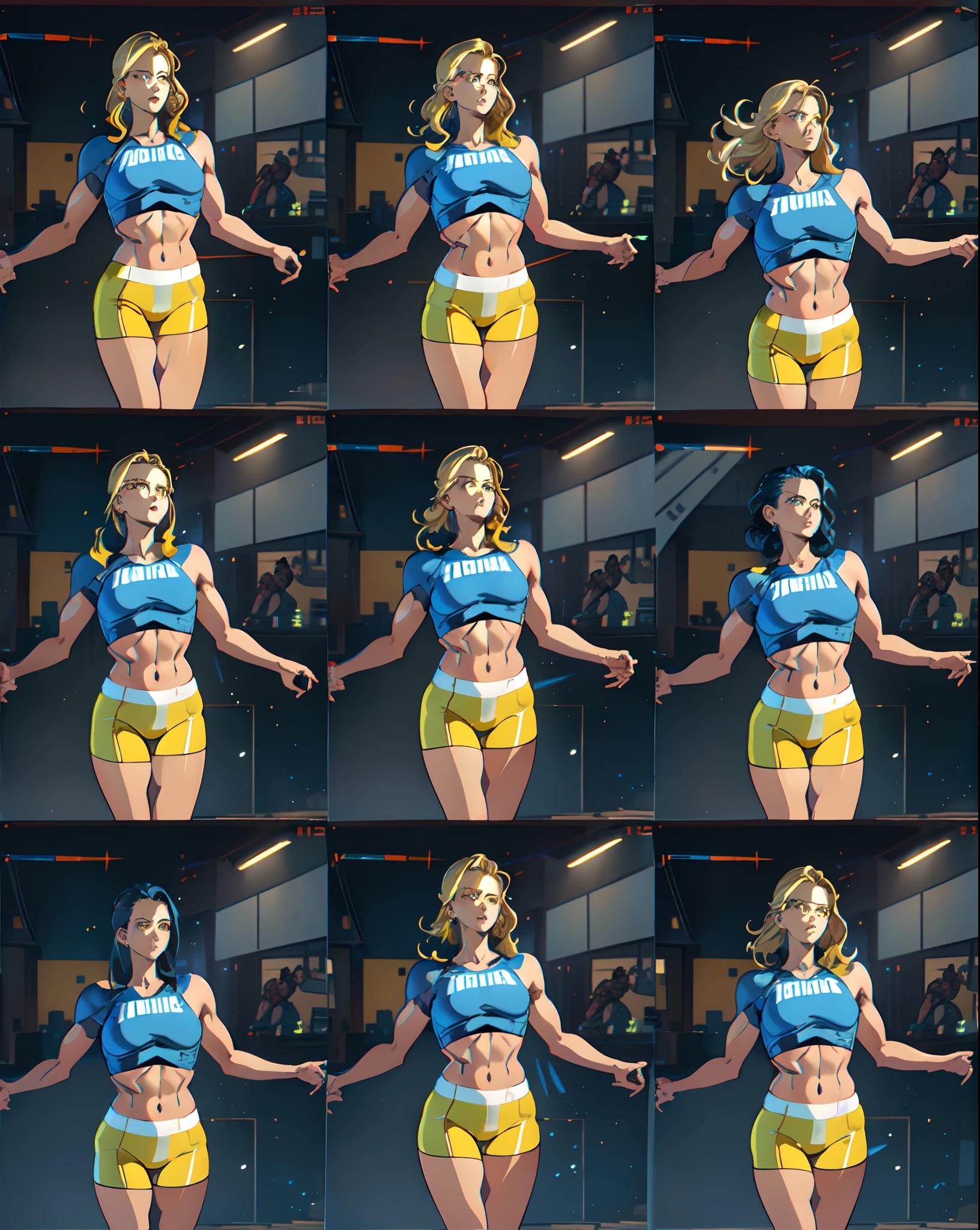 (((detailed character sheet, frontal view, side view, three quarter view))), ((((same character)))), (.gif), ((character desing)), ((((Sprite sheet)))), a set of nine different poses of a hot woman, unparalleled masterpiece, ultra realistic 8k CG, perfect artwork, (1girl:1.1) , solo, ((perfect female figure)), (nsfw), looking at viewer, mature female, (teasing), best quality:1.1 , seductive posture, sexy pose, alluring, (beautiful), (curvy), (thick), blonde hair, (yellow eyes:1.2), short hair, earrings, jewelry, denim vest, open vest, black pantyhose, black shirt, denim shorts, striped long sleeves, toned legs, fit, (abs:1.1), (big butt:1.4), peach ass, (athletic body:1.2), (small breasts:1.3, (medium_breasts:1.1), wide_hips:1.5, narrow waist, small waist:1.5, slender body:1.2, thick thighs:1.3), (shiny skin:1.2), (hdr), (street:1.2), Nikon D850 film stock photograph Kodak Portra 400 camera f1.6 lens, rich colors, lifelike texture, dramatic lighting, unreal engine, trending on ArtStation, by Gerald Brom, by Frank Frazetta, by Luis Royo, by Julie Bell, by Boris Vallejo, working out, black underwear, sexy, erotic, a set of nine different poses of a woman in a black outfit, set of high quality hd sprites, spritesheet, intricate, sprite sheet, blond character, fullbody pose, style mix of æon flux, erotic , vfx spritesheet!!!!! in a black bikini running, working out, in a gym, android 18 at the gym, arafed image of a woman running on a treadie machine, running sequence, hedonic treadmill, trapped on a hedonic treadmill, accurate walk cycle, variations around female, dynamic active running pose, hyperedetailed photo, running pose, at full stride, fitness, variations, a hyper realistic, running, athletic muscle tone, sequential, big breats, erotc, sexy