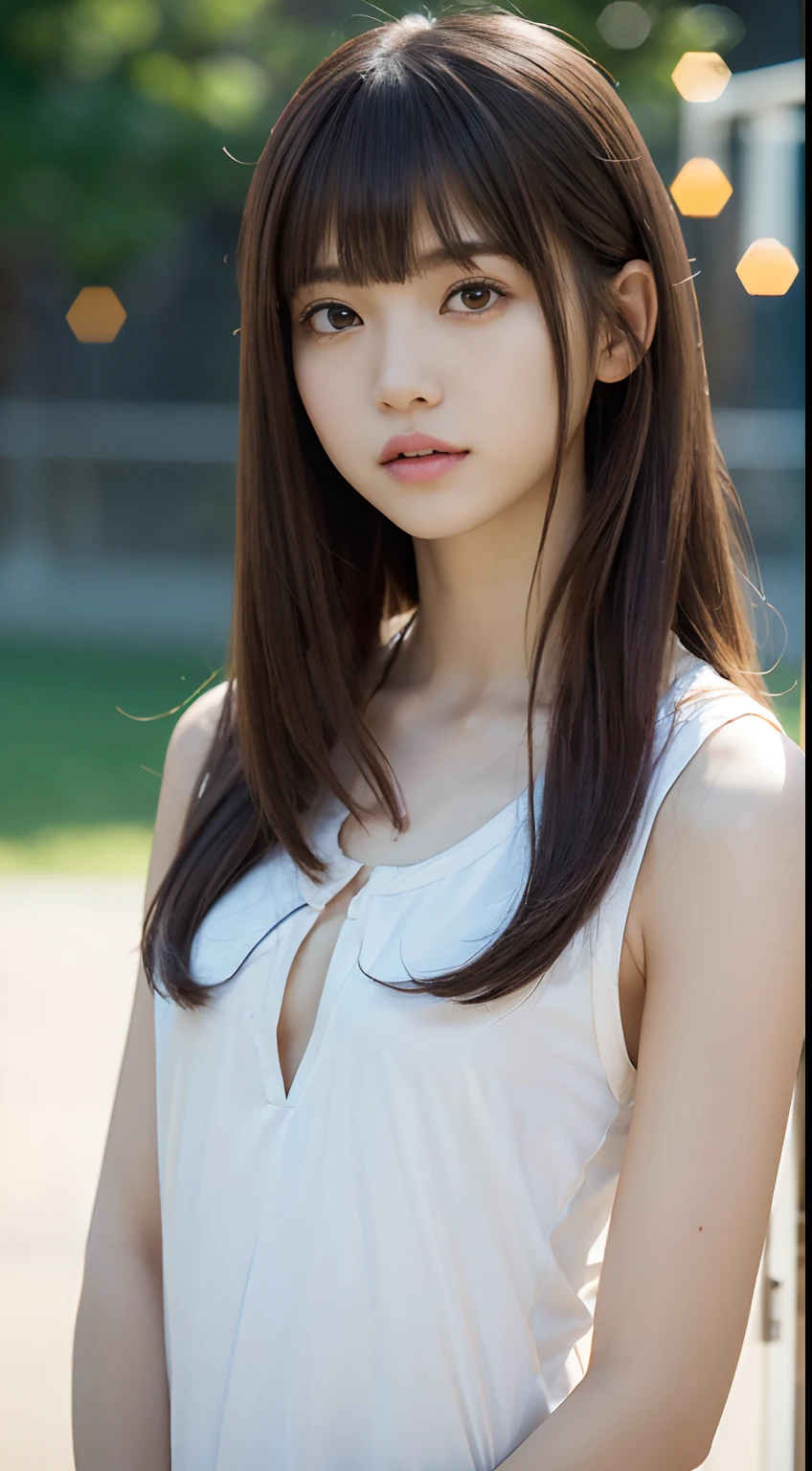 ((Perfect description:1.3)、(Complete Hand:1.3)、(Face it head on)、Realistic、RAW Photos、Tabletop、highest quality、High resolution、Delicate and beautiful、Perfect Face、Beautiful details、Fair skin、Real Humans、((Thin legs))、(Black Hair):1.2), 8k, 11 year old girl standing half-length, 85mm,公式AR RAW Photos, Super slim slender beautiful girl、Plain white camisole、Lower body nude、Exposing the groin or genitals、