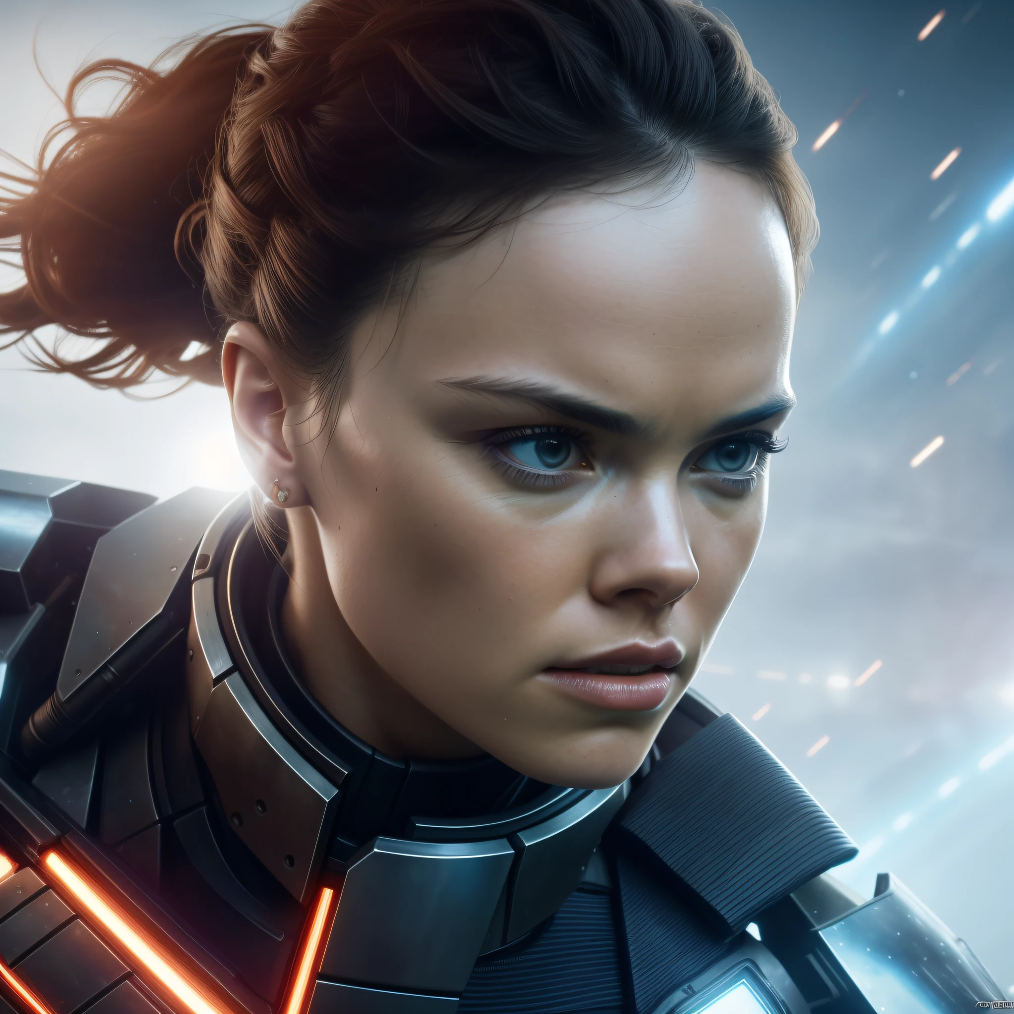 a close up action shot of epic Sci fi Hot Daisy Ridley, Detailed clothing details, Liquid effect, space, Interstellar battlefield photography, natural light, photorealism, cinematic rendering, ray tracing, the highest quality, the highest detail, Cinematic, Third-Person View, Blur Effect, Long Exposure, 8K, Ultra-HD, Natural Lighting, Moody Lighting, Cinematic Lighting