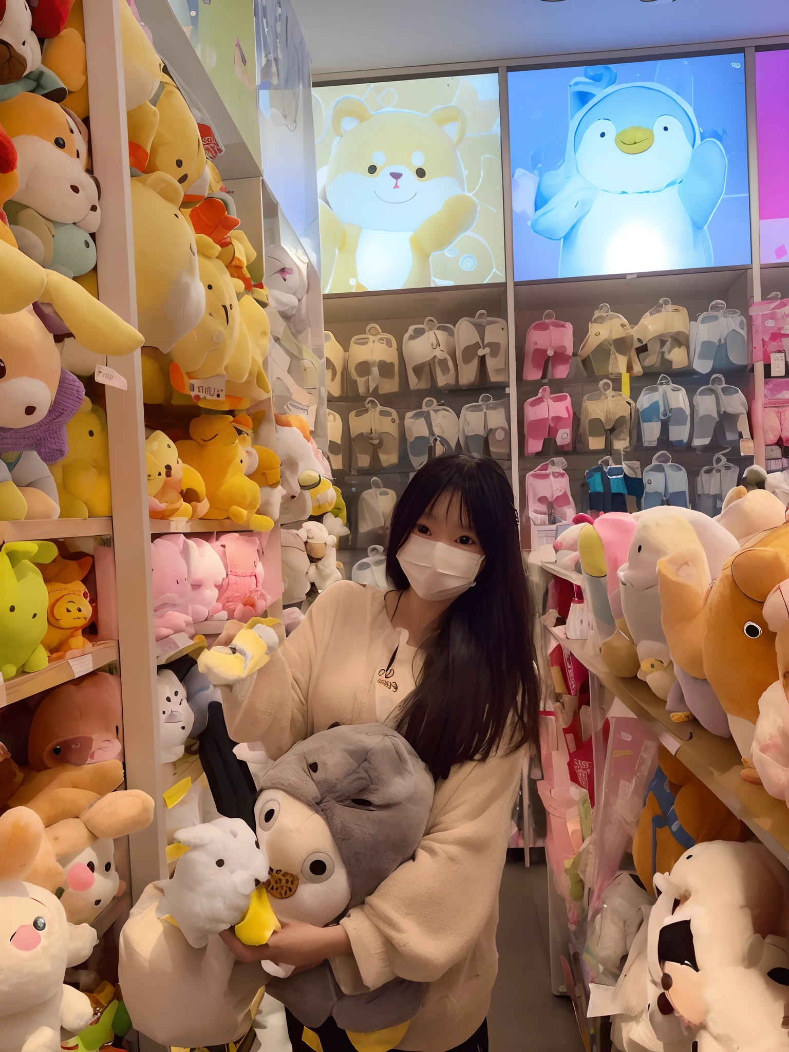 woman in a face mask holding a stuffed animal in a store, squishmallow, in a mall, coronavirus as a stuffed toy, gemma chen, trending ,, けもの, lulu chen, the woman holds more toys, 🕹️ 😎 🔫 🤖 🚬, at a mall, chinese, 🤬 🤮 💕 🎀, exclusive
