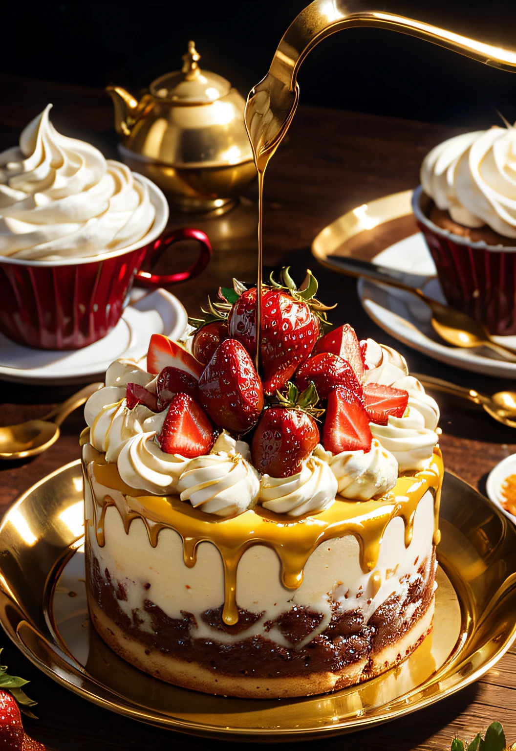 masterpiece、hightquality、top-quality、Indulgent cream cake served on a gold plate、strawberry、foodphoto、