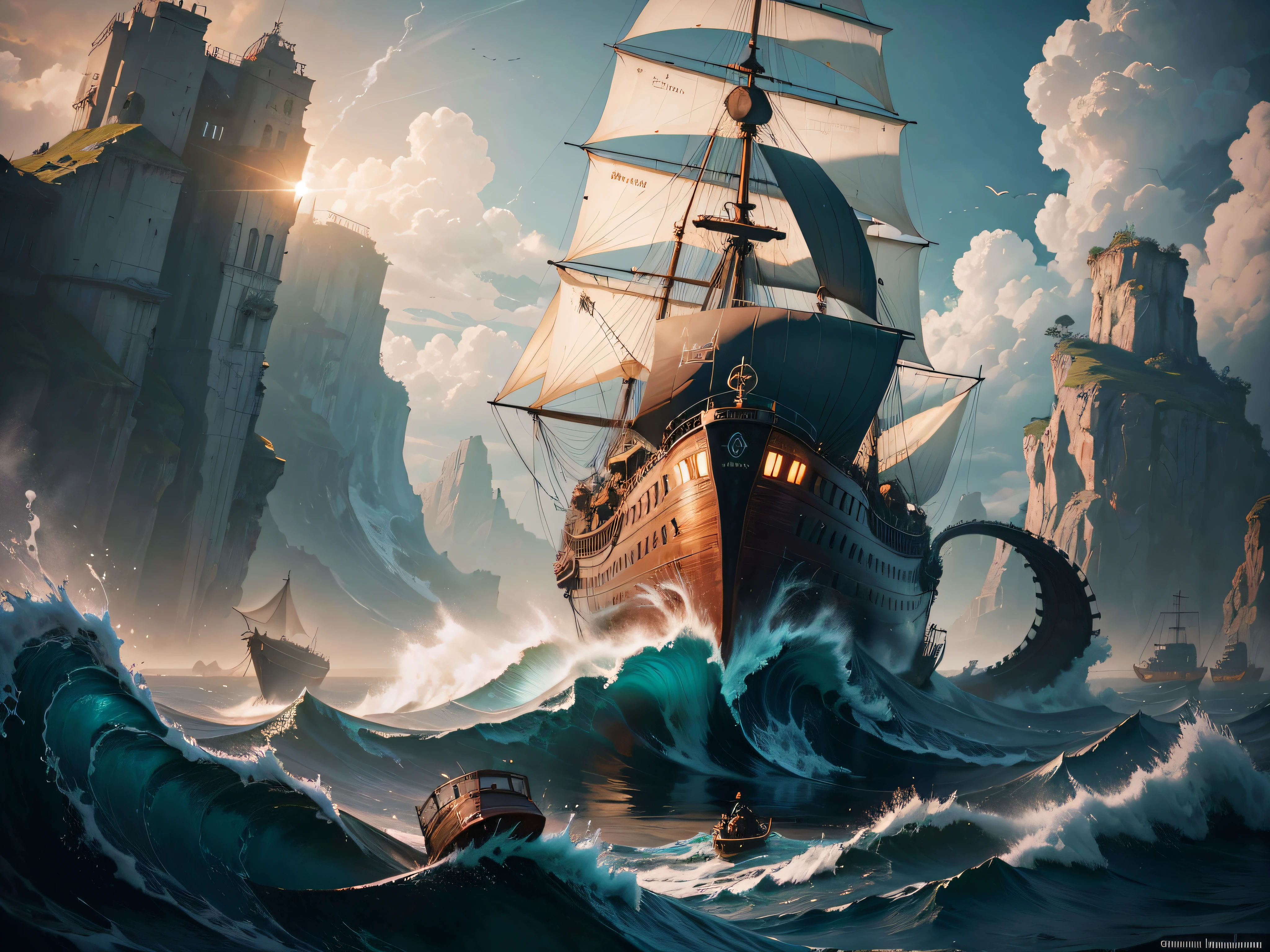 The ocean, a single galleon ship, desperately turning the rudder even if it seems to be caught in a huge whirlpool, a huge octopus in the whirlpool, a battle for victory and despair, very little hope for victory, by Greg Rutkowski and Simon Stalenhag, 8k, trending on artstation, hyper detailed, cinematic