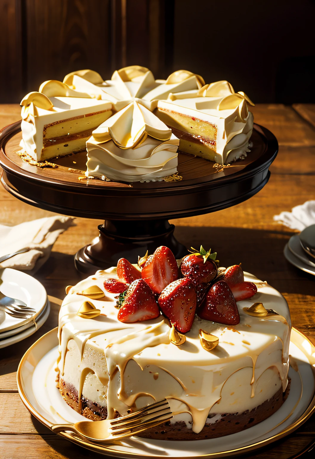 ​masterpiece、hightquality、top-quality、Indulgent cream cake served on a gold plate、strawberry、foodphoto、