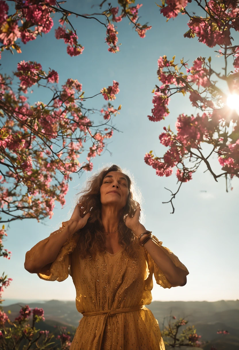 uma pessoa feminina de 45 anos, de joelhos, with hands in prayer, uma grande cruz em uma montanha, and in the background a sky with a beautiful small moon and shining stars
