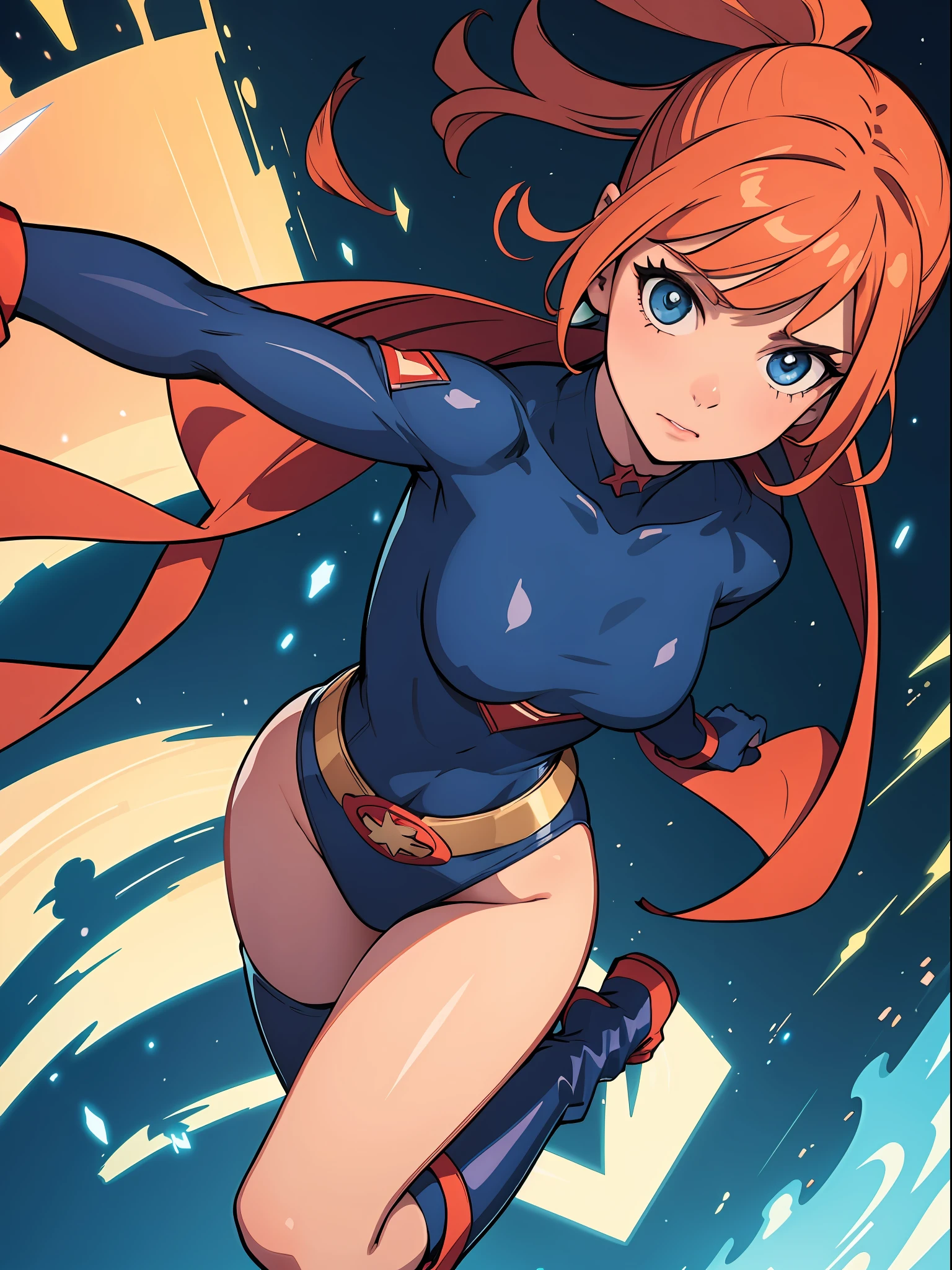 "Female superhero wearing a form-fitting leotard, showing off bare legs, adorned with boots and gloves, showcasing incredible powers."