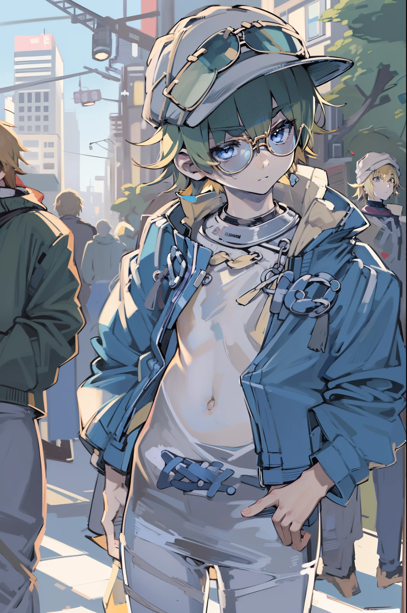 (1boy,masculino),Menino de anime com cabelo azul e uma camisa de beisebol, Estilo anime 2D,hat, blue jacket,eyewear on head