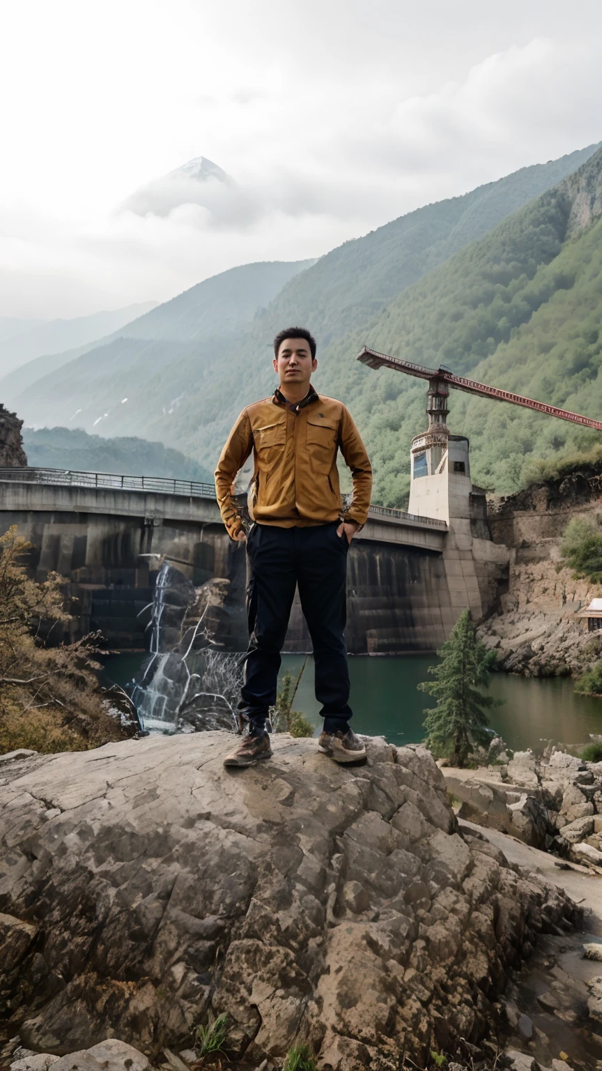 arafed man standing on a rock in front of a dam, photo taken in 2 0 2 0, zeng fanzh, huifeng huang, 2 0 2 2 photo, with mountains in the background, civil engineer, standing next to water, standing in front of a mountain, leng jun, taken in 2022, with mountains as background