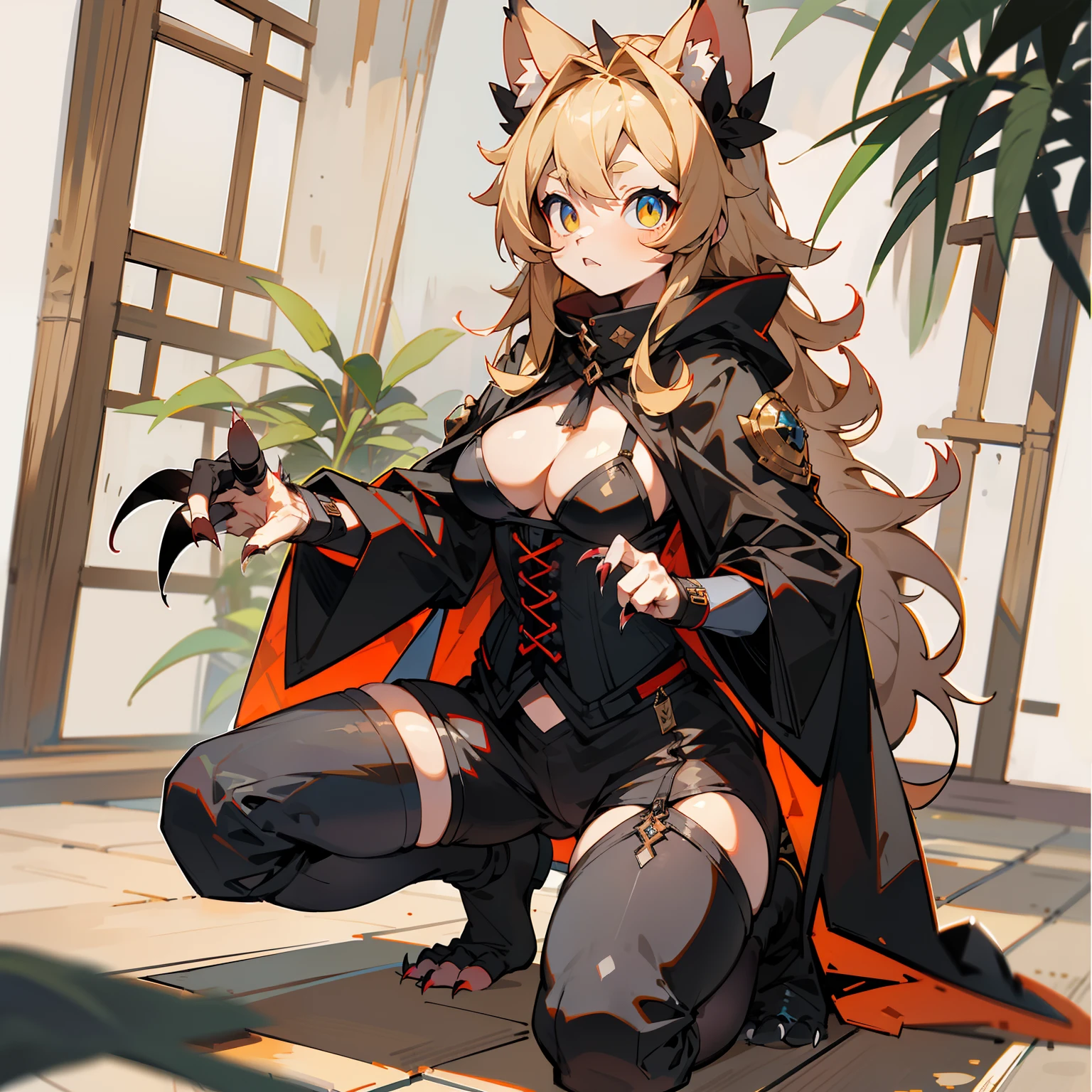 master piece,hyper quality, hyper-detail,Perfect drawing,Hi-Res、独奏、a beautifulchi girl、bbw、Pig nose pattern bikini、Boar ears、Boar nose、Boar's tail、Boar palm、Boar paws、Boar's fingers、sharp claws、Boar Fang、Hunter's eyes aiming for prey、Black and blonde mesh、Sharp eyes、Height 177cm、MeasurementsB95W60H90、Kneeling、pow pause、medival、beatiful backgrounds、Accurate drawing、Detailed drawing、black cloak, leather outfit, leather pants, leather shirt, corset, black claws