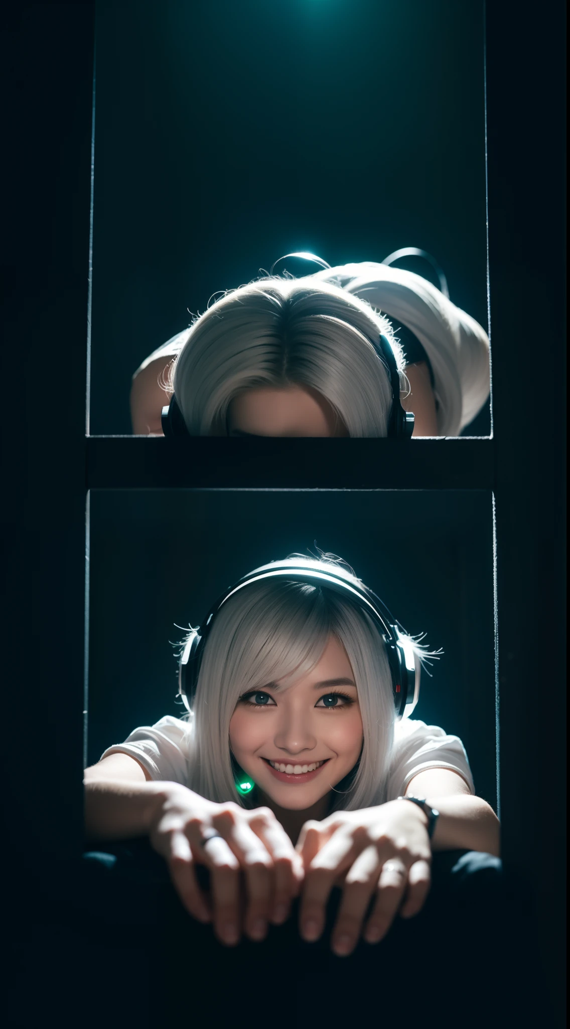 silver hair, huge ahoge, multicolored eyes, cat ear headphones, seductive smile, modern, Op art, vignetting, ray tracing, glowing light, Eye-Level Shot, from outside, feet out of frame, UHD, textured skin, high details, 1080P, best quality