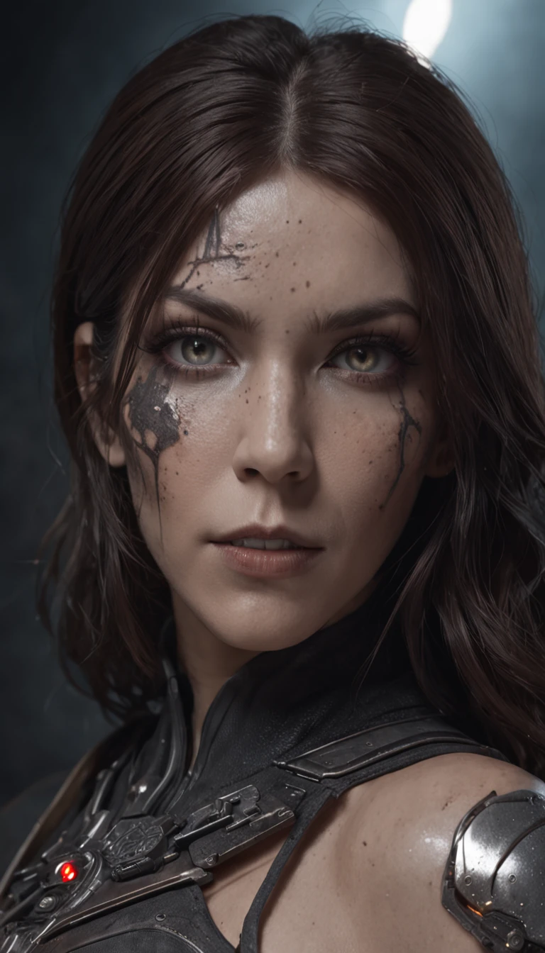 Beautiful cyborg warrior woman in rusty magic style, cyberpunk augmentation, Cyber Software, Cyborg, carbon fibers, Chrome, Implants, metal skull, Cyber plate armor, (Dark atmosphere:1.2), (Mist & Smoke), (It's Dark Night:1.3), the scars, (dark medium length disheveled hair:1.1), (eye shadows:1.1), (beautifully detailed glow:1.2), (Cinematic lighting), intricately details, A high resolution, Rounded eyes, Detailed facial features, sharp-focus, smooth, Aesthetic, Detailed dark background of industrial plant, Stylish pose, dynamicposes, (dramapaint)