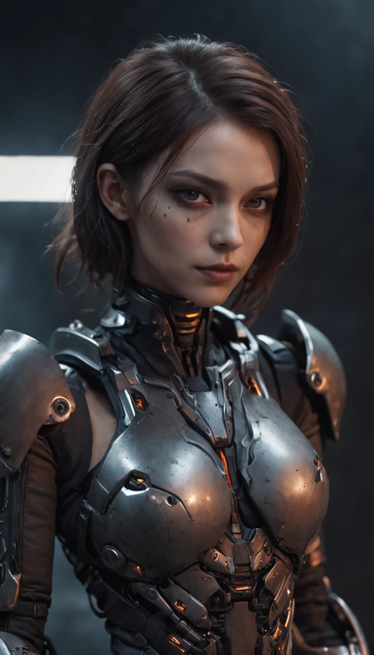 Beautiful cyborg warrior woman in rusty magic style, cyberpunk augmentation, Cyber Software, Cyborg, carbon fibers, Chrome, Implants, metal skull, Cyber plate armor, (Dark atmosphere:1.2), (Mist & Smoke), (It's Dark Night:1.3), the scars, (dark medium length disheveled hair:1.1), (eye shadows:1.1), (beautifully detailed glow:1.2), (Cinematic lighting), intricately details, A high resolution, Rounded eyes, Detailed facial features, sharp-focus, smooth, Aesthetic, Detailed dark background of industrial plant, Stylish pose, dynamicposes, (dramapaint)
