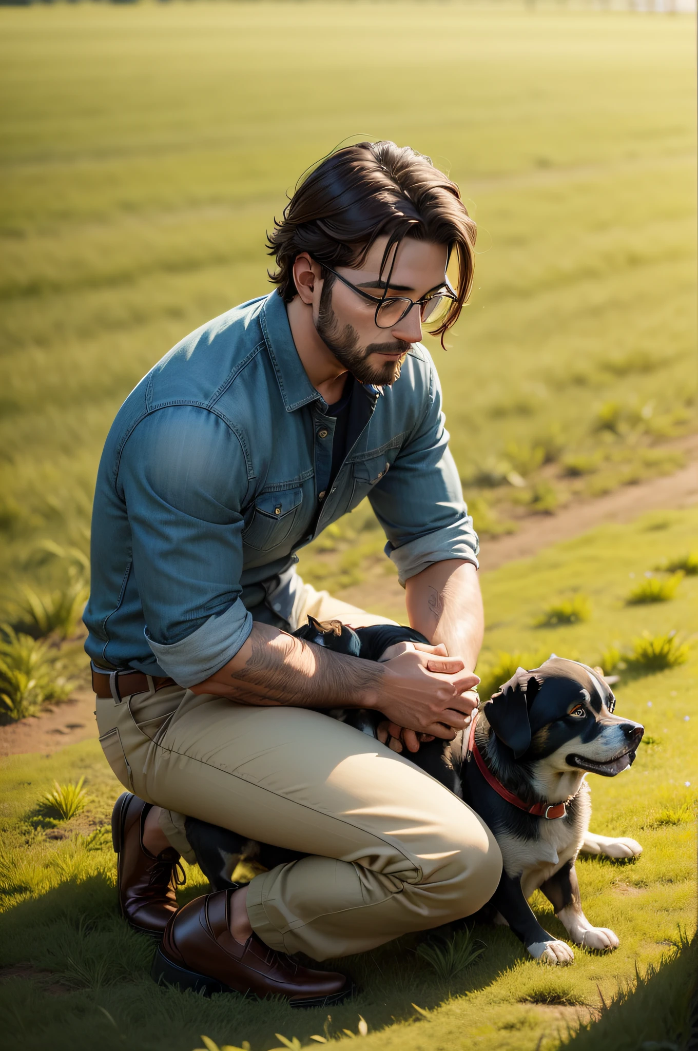 a man kneeling down with two dogs in his lap, grass background ,far from the Camera