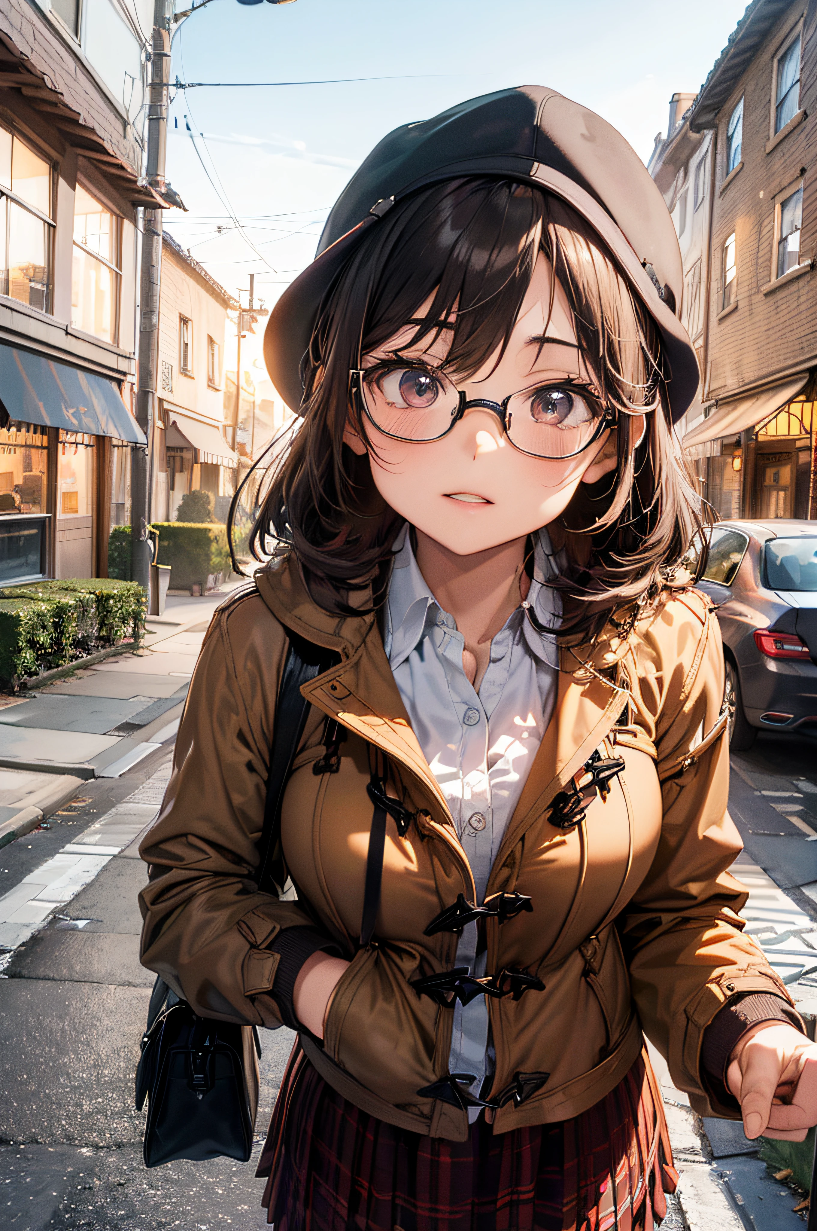 ((masterpiece))，(Photorealistic), 32K, (1girl), Mannequin, Pretty Women with Perfect Figure, Cute face, beautiful countenance, (lifelike face), Beautiful hairstyle, Realistic eyes, beautiful details, (real looking skin), Beautiful skins, sitting beside the window, hyper HD, Hyper-realistic, Realistic, Very detailed, 
BREAK
(((plaid-brown brim-hat:1.2), (wearing glasses), (light-brown collared-shirt:1.2), (plaid-brown long-skirt:1.2), (plaid-brown duffle-coat:1.5), long sleeves, deerstalker, standing, detective, brown headwear, in London, ((holding a magnifying glass)))), ((huge breasts)), Japanese girl, (Slim figure), (necklace, Earrings), ((Night view of the city in the background)), ((detailed background)), Looking at the Camera, outdoor