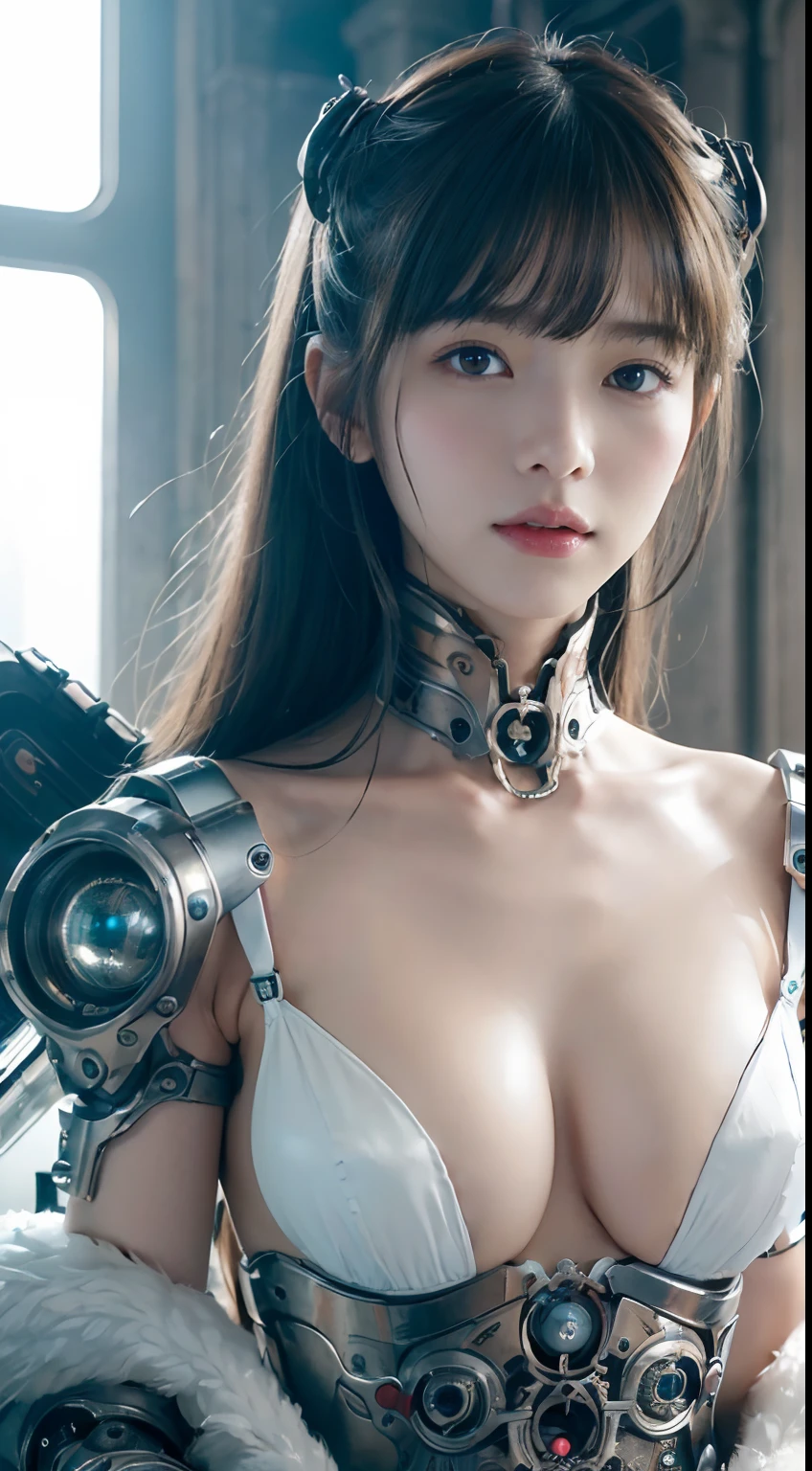 NSFW,((top-quality、8K、tmasterpiece:1.3))Wearing a silver-white mech，Girl with delicate face，The highest image quality，ultraclear，The facial features are delicate and clear，Armageddon，machine arm，exquisitedetails，Mechanical pattern,cyber punk perssonage、Cyber City、the number、Century、thrones、