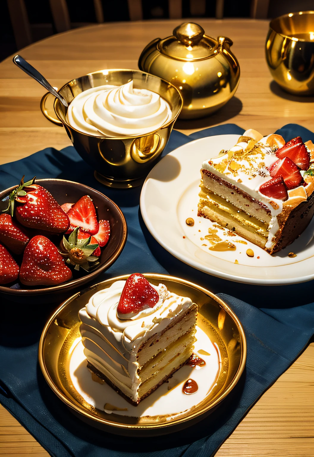 ​masterpiece、hightquality、top-quality、Indulgent cream cake served on a gold plate、strawberries、foodphoto、