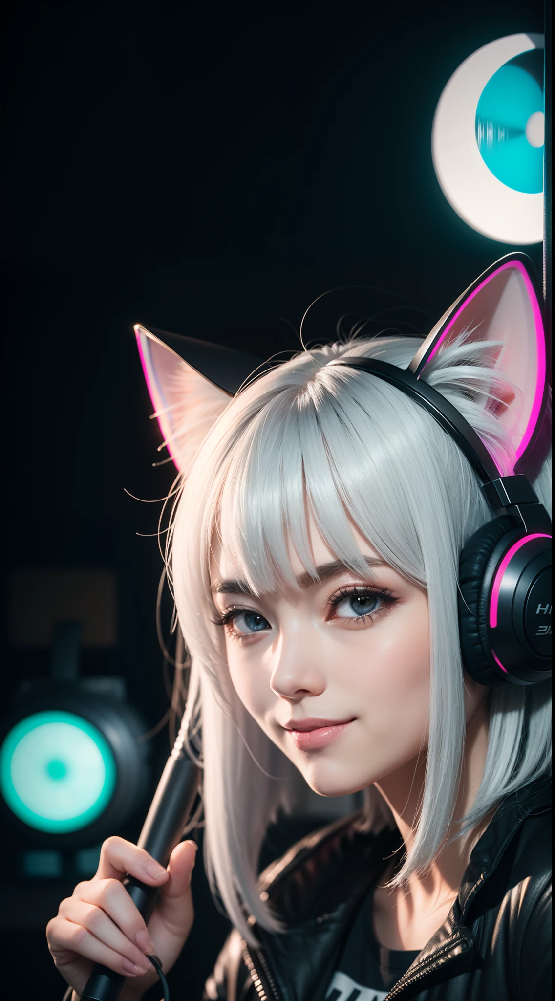 Silver hair, huge ahoge, Multicolored eyes, Cat ear headphones, Seductive smile, modern, OP Art, Vignetting, Red fluorescent lamp side lighting detail,Ray tracing, Glowing light, Eye level shots, From the outside, foot out of frame, hyper HD, Textured skin, High details, 1080p, Best quality