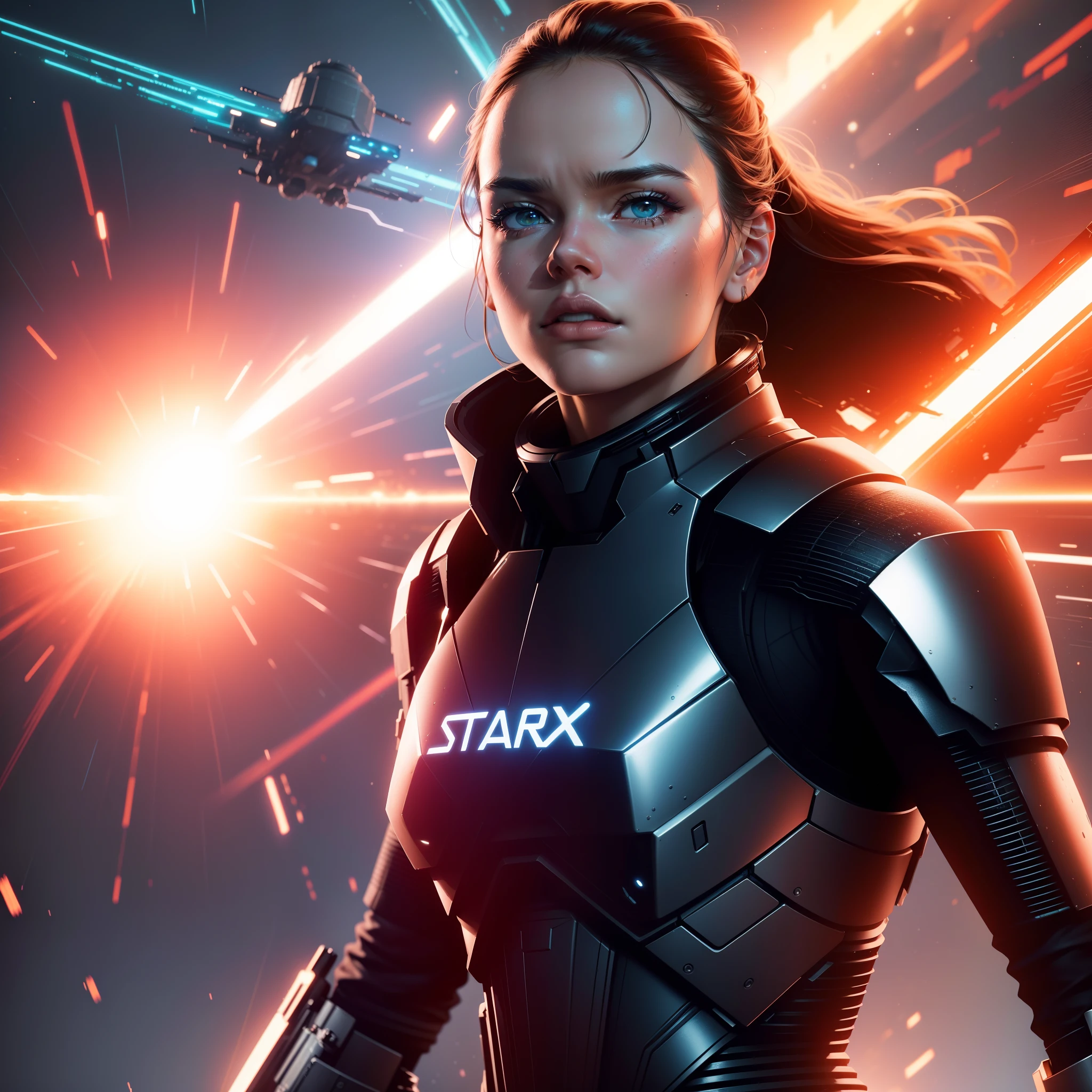 a close up action shot of epic Sci fi Hot Daisy Ridley, Detailed clothing details, Liquid effect, space, Interstellar battlefield photography, natural light, photorealism, cinematic rendering, ray tracing, the highest quality, the highest detail, Cinematic, Third-Person View, Blur Effect, Long Exposure, 8K, Ultra-HD, Natural Lighting, Moody Lighting, Cinematic Lighting