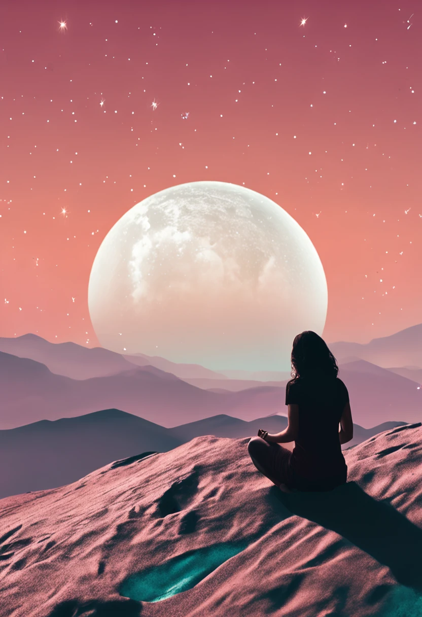 Help me create a prompt that you can use to create an image of a 40-year-old female person, de joelhos, with hands in prayer, uma grande cruz, and in the background a sky with a beautiful small moon and shining stars