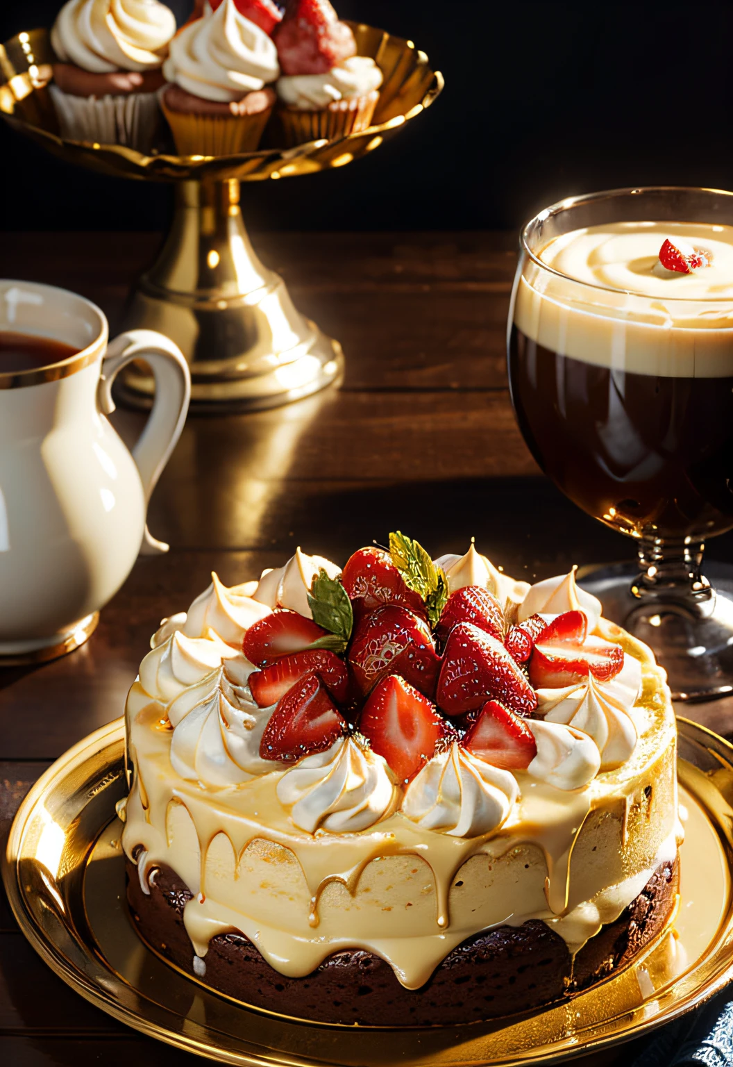 ​masterpiece、hightquality、top-quality、Indulgent cream cake served on a gold plate、strawberries、foodphoto、