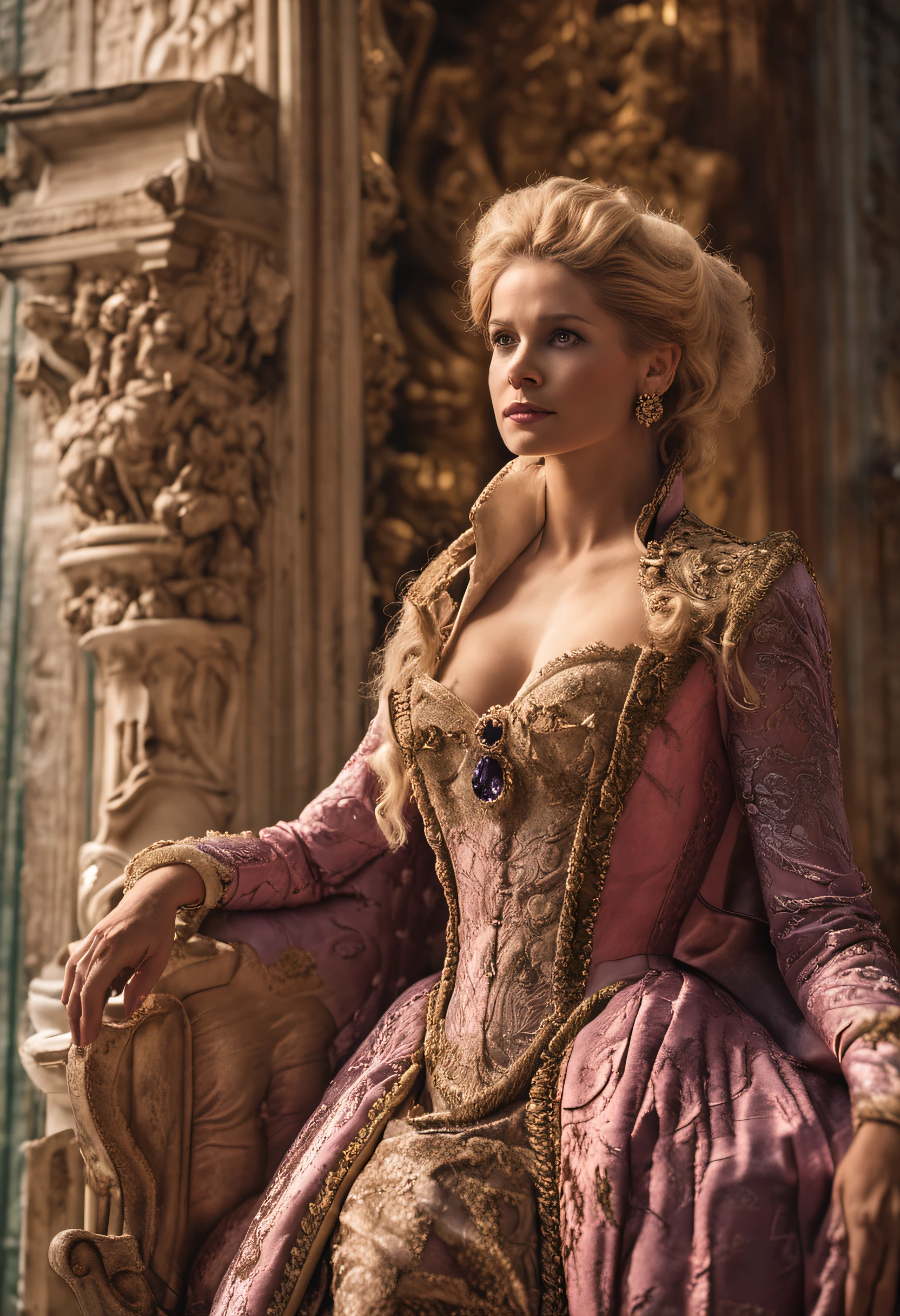 Royal beauty of Versailles，Gorgeous dress，show，France，femele，Sexy and hot，blond hairbl，sportrait，closeup cleavage，Solemn，Bigchest，modest，humble，Cinematic, hdr, primitive, Intricate, High quality, Gorgeous shades, Intricate details, super-fine，oc rendered，Ray traching，Reallightandshadow，Hyper-realistic