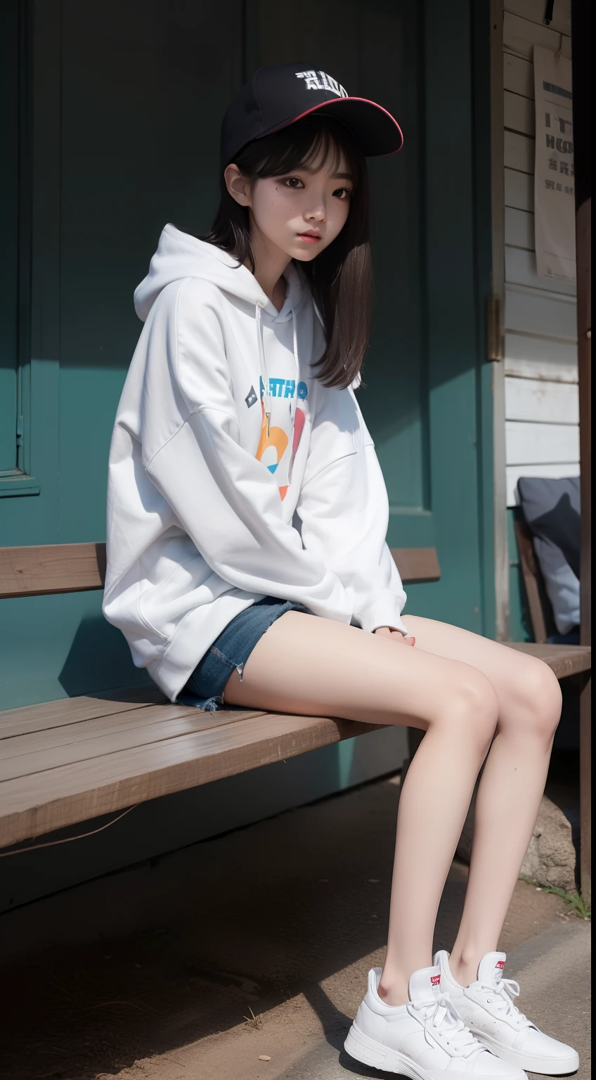 (masterpiece), (photorealistic),(ultra-detailed), very pretty one korean young woman about 23 years old barely sitting up on a bench,has not eaten for 2 months, about to die of starvation,extremely slim, extremely weak,tall,short head, long legs, barely have strength,exhausted,so feeble and extremely  thin and extremely weak that  just thin bones, slightly smiling, small head,extremely skinny, big eyes,clean skin, wearing  short and crop hoodie not covering the abdomen but hat taken off, long hair,bony, wearing very short shorts, clothes baggy because she is slim, generate entire body, extremely feeble and slim but tall and long body, so thin that almost thin as a skeleton,extremely slim legs, extremely slim arms, very hungry, not having much strength, barely having the strength to not faint, feeble head,extremely feeble body, extremely thin legs,,extremely slim and extremely thin thighs,very extremely thin body,wearing shorts, wearing sneakers, tall, long body,eagerly using all strength not to faint,pleading for food,slightly smiling,haggard,so feeble and thin that have almost no fat,extremely hungry,want to eat anything because she is so hungry,severely hungry,slightly smiling,one hand on stomach part of hoodie,barely enduring extreme hunger,barely resisting the extreme urge to eat everything,hardly trying to endure extreme hunger,full body,smiling friendly