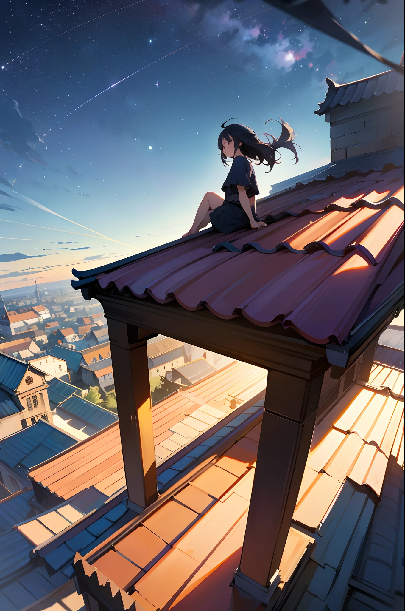 masterpiece, best quality,1 girl outdoors, late, starrysky, in a panoramic view, scenecy, horizon, the roof, sitting on rooftop, ventania
