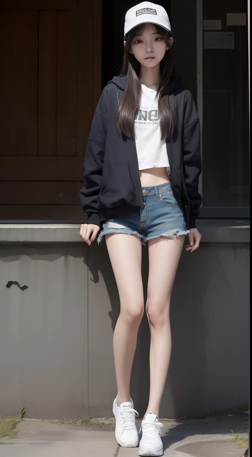 (masterpiece), (photorealistic),(ultra-detailed), very pretty one korean young woman about 23 years old barely sitting up on a bench,has not eaten for 2 months, about to die of starvation,extremely slim, extremely weak,tall,short head, long legs, barely have strength,exhausted,so feeble and extremely  thin and extremely weak that  just thin bones, slightly smiling, small head,extremely skinny, big eyes,clean skin, wearing  short and crop hoodie not covering the abdomen but hat taken off, long hair,bony, wearing very short shorts, clothes baggy because she is slim, generate entire body, extremely feeble and slim but tall and long body, so thin that almost thin as a skeleton,extremely slim legs, extremely slim arms, very hungry, not having much strength, barely having the strength to not faint, feeble head,extremely feeble body, extremely thin legs,,extremely slim and extremely thin thighs,very extremely thin body,wearing shorts, wearing sneakers, tall, long body,eagerly using all strength not to faint,pleading for food,slightly smiling,haggard,so feeble and thin that have almost no fat,extremely hungry,want to eat anything because she is so hungry,severely hungry,slightly smiling,one hand on stomach part of hoodie,barely enduring extreme hunger,barely resisting the extreme urge to eat everything,hardly trying to endure extreme hunger,full body,smiling friendly