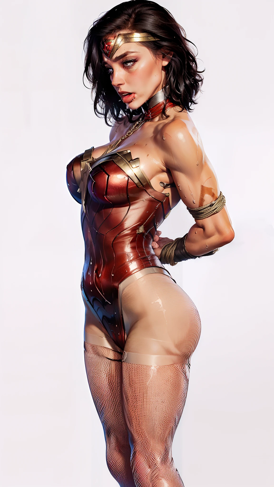 ((She is subdued by the cops. ((She is handcuffed by the thugs)), ((She is surrendered and groped by strong bandits)) (She's wearing stiletto high heels) ((Your blouse is tattered, Your mesh is tattered, his uniform is tattered, seu traje esta esfarrapado, your clothes are tattered, his pantyhose are shredded)). sem calcinha. no-bra. (( SUPERHEROINE WONDER WOMAN ACROBATIC POSE)) She's sweaty all over her body. She's screaming in terror, She's terrified, She's crying a lot. ela tem cabelos escuros, ela tem cabelos compridos. ((She's wearing red Fishnet Garter Belt socks.)) ((Wearing a thick metal necklace around the neck )) She screams and begs for mercy, Ela cai no choro. Wearing a thick metal necklace around the neck with a chain. ( your clothes are wet) (Seu suor escorre pelo corpo, Your body is shaking) (Your body is scratched, ela tem hematomas pelo corpo) (she's drooling, seus olhos revirados. Usando maquiagem pesada no rosto. (Your clothes are immoral, your clothes are indecent) Shibari, arms behind back:1.4), (hands on back), (obra-prima, melhor qualidade) 1.5, 1girl, sozinho, (sexy, mulher bonita, rosto perfeito, olhos perfeitos) , Samus Aran, vestido de couro preto, ajoelhada, corpo inteiro, (olhos azuis, cabelo loiro, cabelo longo), (Shibari, arms behind back:1.4), (hands on back)