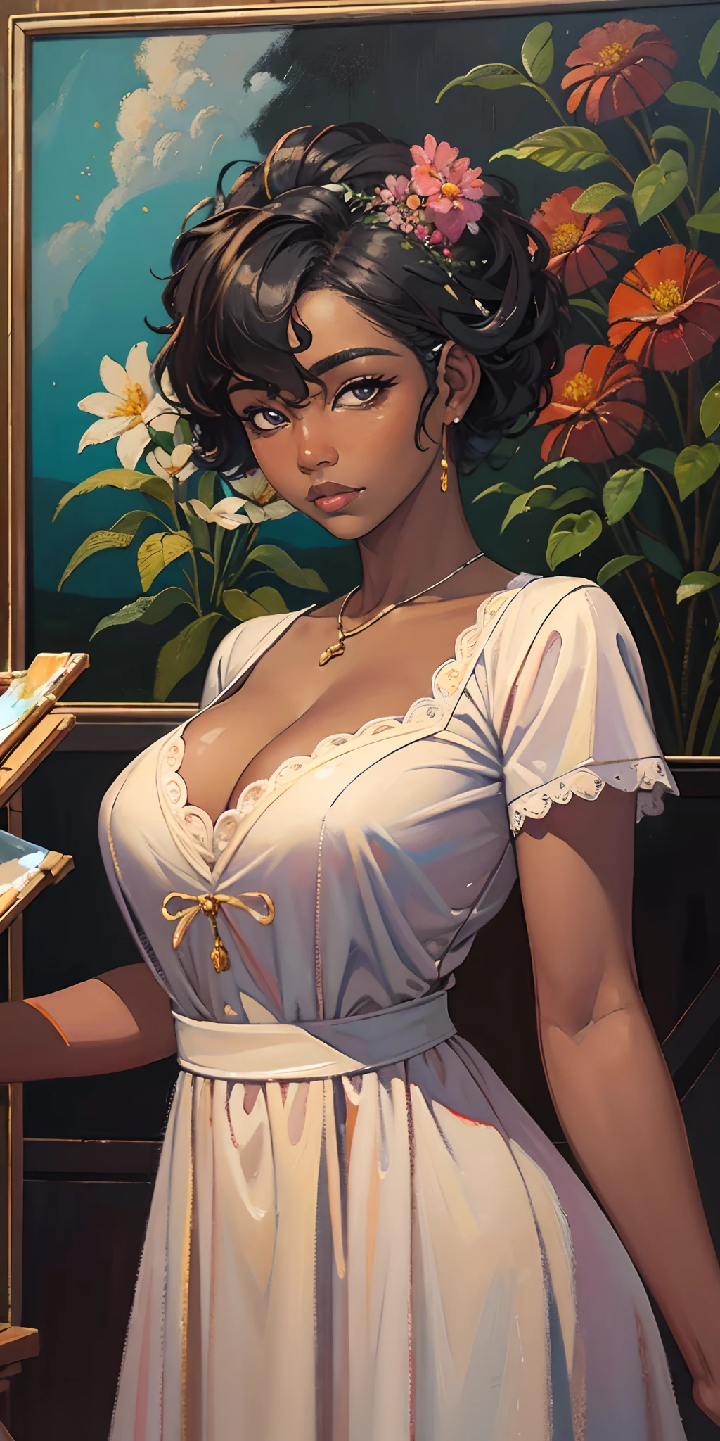 (Oil Painting:1.5) photo of a beautiful black woman, wearing dress, standing, upper body framing, in a flower garden, with diffused lighting, from a eye level, in the style of Sophie Gengembre Anderson