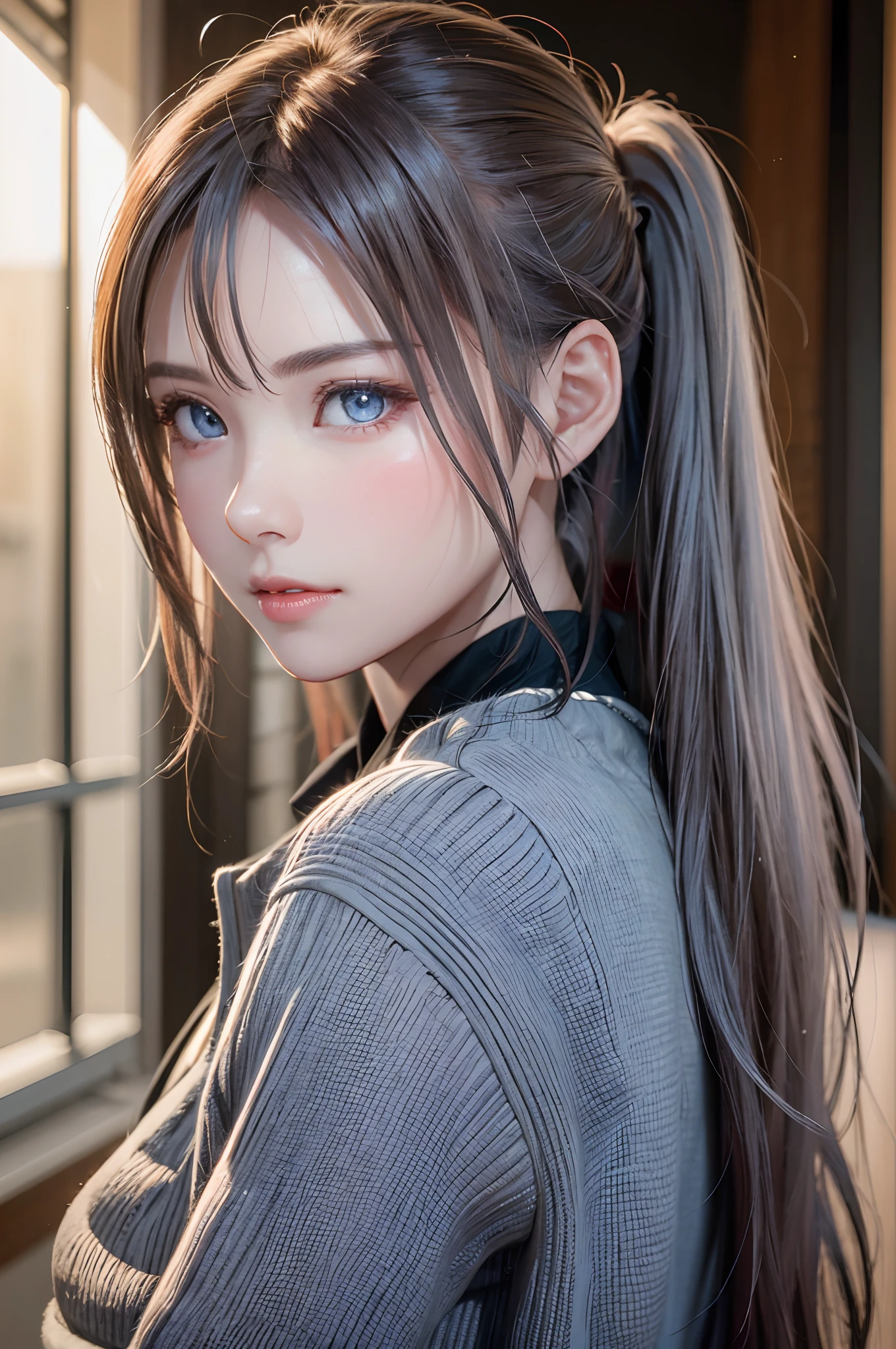 top-quality、8K Masterpiece、超A high resolution、(Photorealsitic:1.3)、Raw photo、女の子1人、silver white hair、poneyTail、glowy skin、1 super beautiful college girl、((super realistic details))、portlate、globalillumination、Shadow、octan render、8K、ultrasharp、highly intricate detail、Realistic light、CGSoation Trends、Beautiful eyes、radiant eyes、Facing the camera、