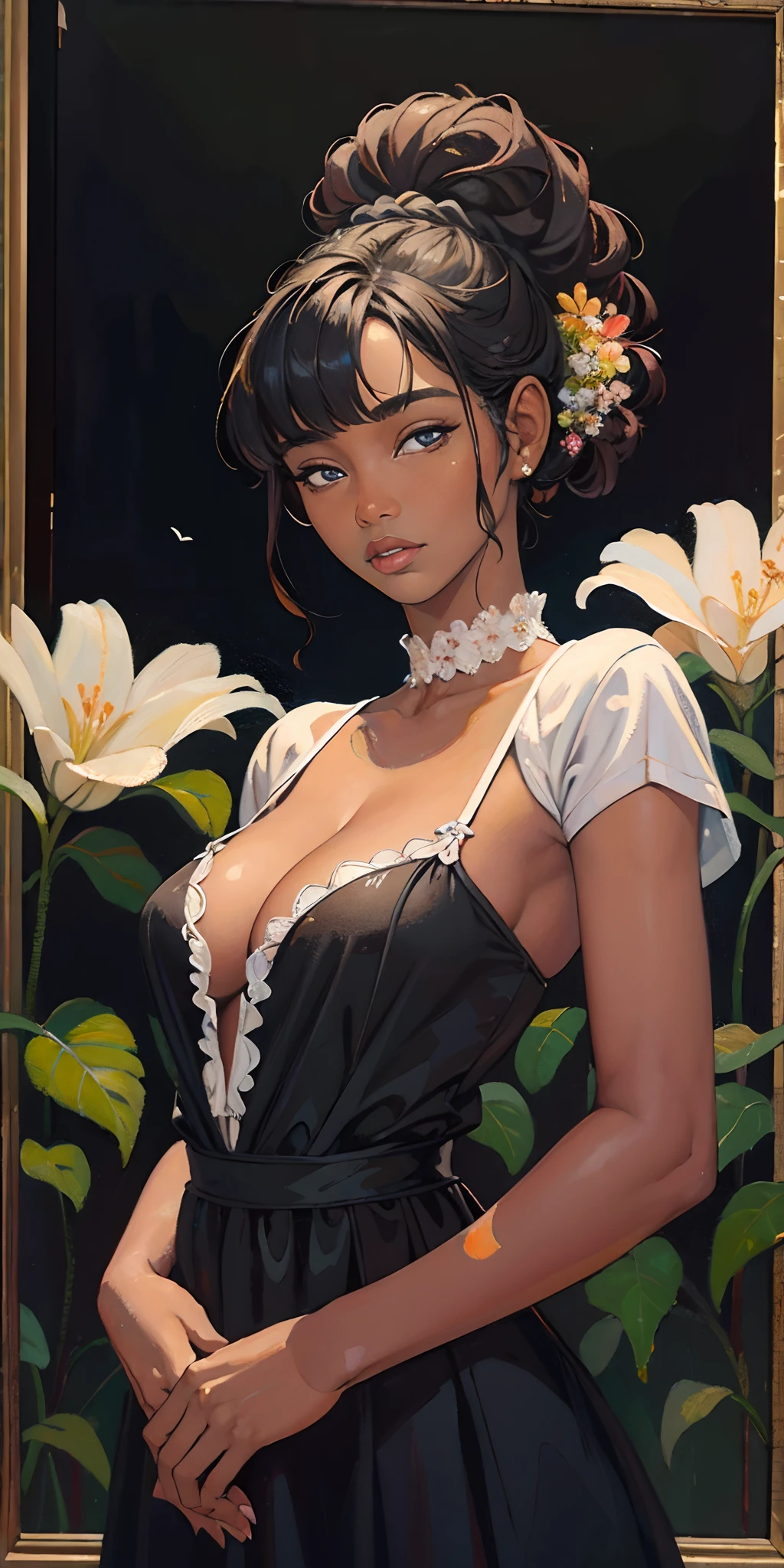 (Oil Painting:1.5) photo of a beautiful black woman, wearing dress, standing, upper body framing, in a flower garden, with diffused lighting, from a eye level, in the style of Sophie Gengembre Anderson