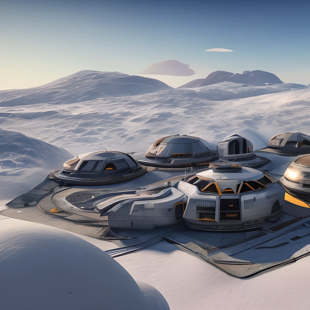 A large building，There are towers on the snow-covered ground, Futuristic outpost building, exterior of scifi temple, industrial futuristic ice mine, unreal 5 engine highlly render, Imperial Fauvist base, overwatch building, brutalist base scifi, futuristic base, scifi base, buildings covered with greebles, futuristic castle, mining outpost, symmetrical outpost