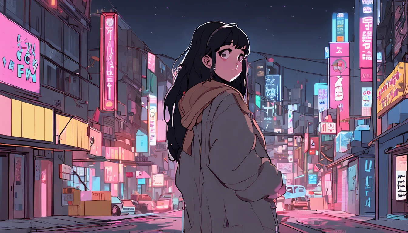 1girl in, breasts, A dark-haired, off shoulders, Large breasts, Animated scene of street with neon signs and buildings, Standing, lofi hip hop, lofi artstyle, lofi art, chillhop, lofi, anime movie background, Anime Background, lofi aesthetic, Wit Studio Anime, lofi album art, Roffey Technology, lofi vibes, lofi feel, Lofivibe、(((masutepiece),(the Extremely Detailed CG Unity 8K Wallpapers),Best Quality,,Solo,1girl in,Cinematic lighting,Detailed background,Beautiful detailed eyes,Bright pupils, (extremely delicate and beautiful),(Beautiful and detailed eyes description), Ultra-detailed,masutepiece,)),